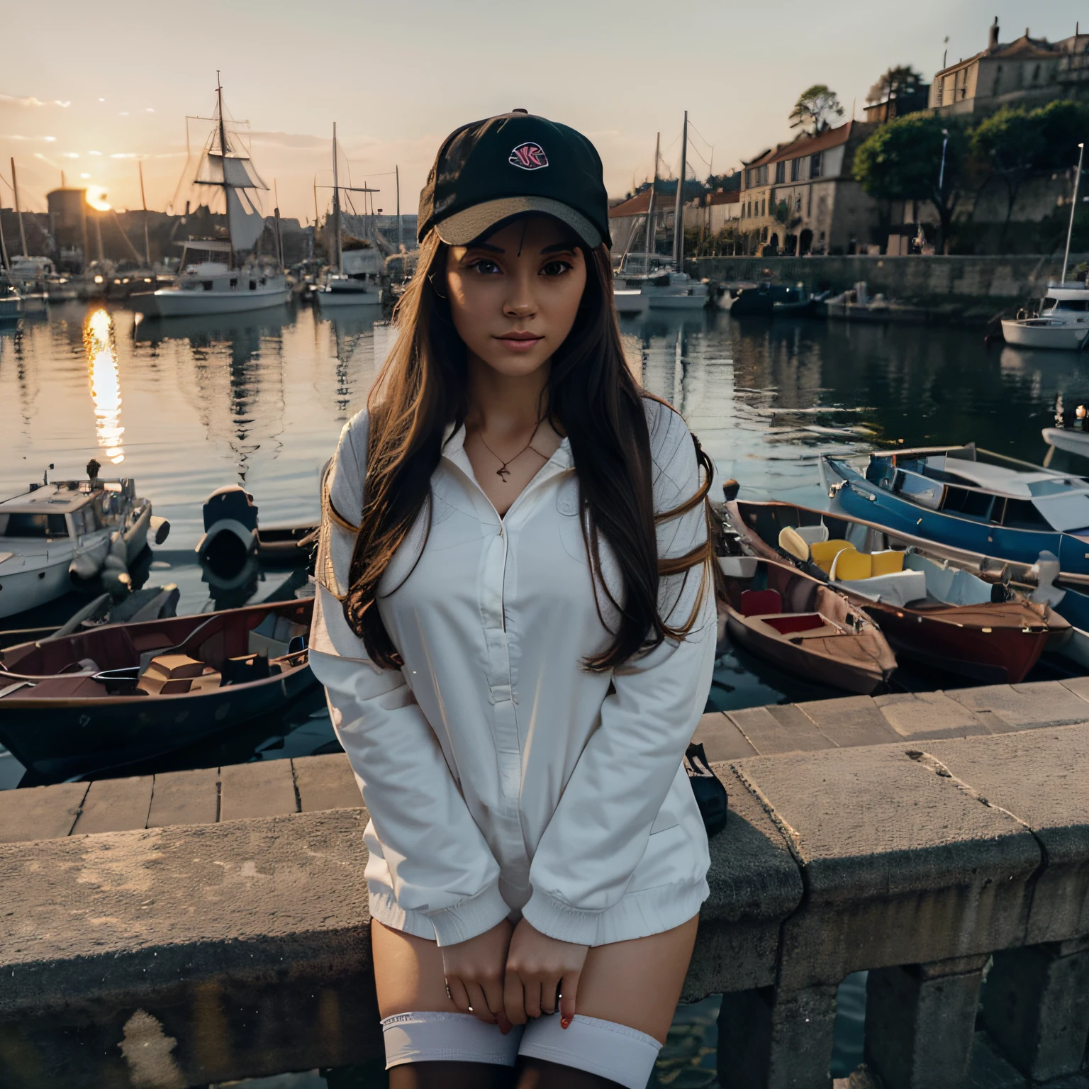 Medium shot, medium shot, depth of field, bust, upper body, cinematic angle, masterpiece, best quality, super detailed, CG, 8K wallpaper, pretty face, delicate eyes, a maiden, solo, white long hair, yellow eyes, hairpin, dark navy shirt, black hooded jacket, red baseball cap, black stockings, black over-the-knee boots, show her panty cameltoe, sunset, medieval port, harbor, detailed water surface, sun reflection