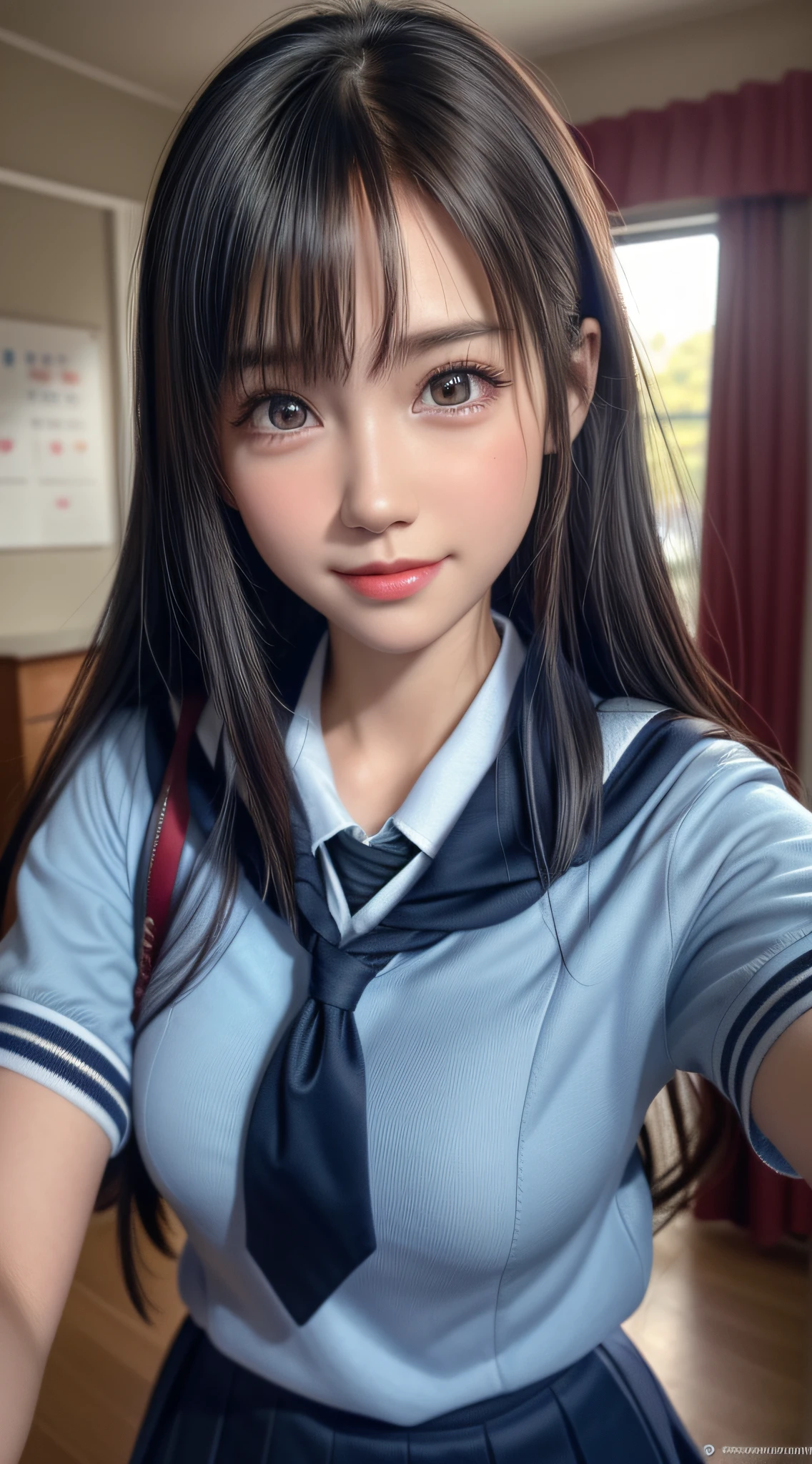 1girl in, Extremely cute, Amazing face and eyes, (Beautiful lovely smile), (extremely detailed beautiful face), bright and shiny lips, Keep staring at me, Super beautiful, (School uniform:1.3), (Best Quality:1.4), (hyper quality), (Ultra-detailed), (Hyper-realistic, Photorealsitic:1.37), Authentic skin texture, Highly detailed CG integrated 8k wallpapers, RAW Photos, professional photograpy, Cinematic lighting,