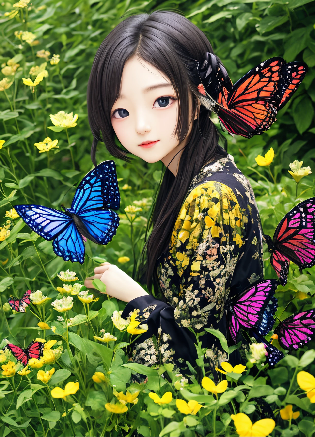 Red Moon、Japanese style、Japanese Horror、Several red butterflies、raasy、ultra detail,hiQuality、Japan、fear、8k、Enchanting、Dark Background、in the deep forest, Pouring rain, big moon,deep darkness,Beautiful clouds,one red butterfly,gap in space and time,cyberpunk style,High Quality one girl(so cute、Japanese style、Japanese、Black Hair,MINI SKIRT)、High Quality face、Detailed face、Detailed eye,Detailed ,