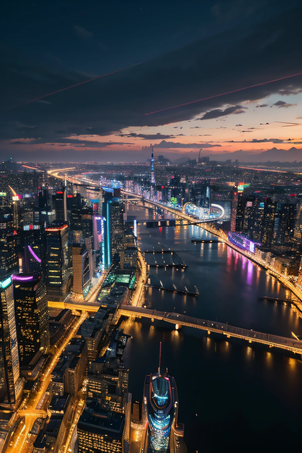 Create a surreal cityscape at sunset, Dazzling city lights illuminate the tranquility, The river is like a mirror. The scene should be set in the futuristic, Cyberpunk city with neon lights and flying machines