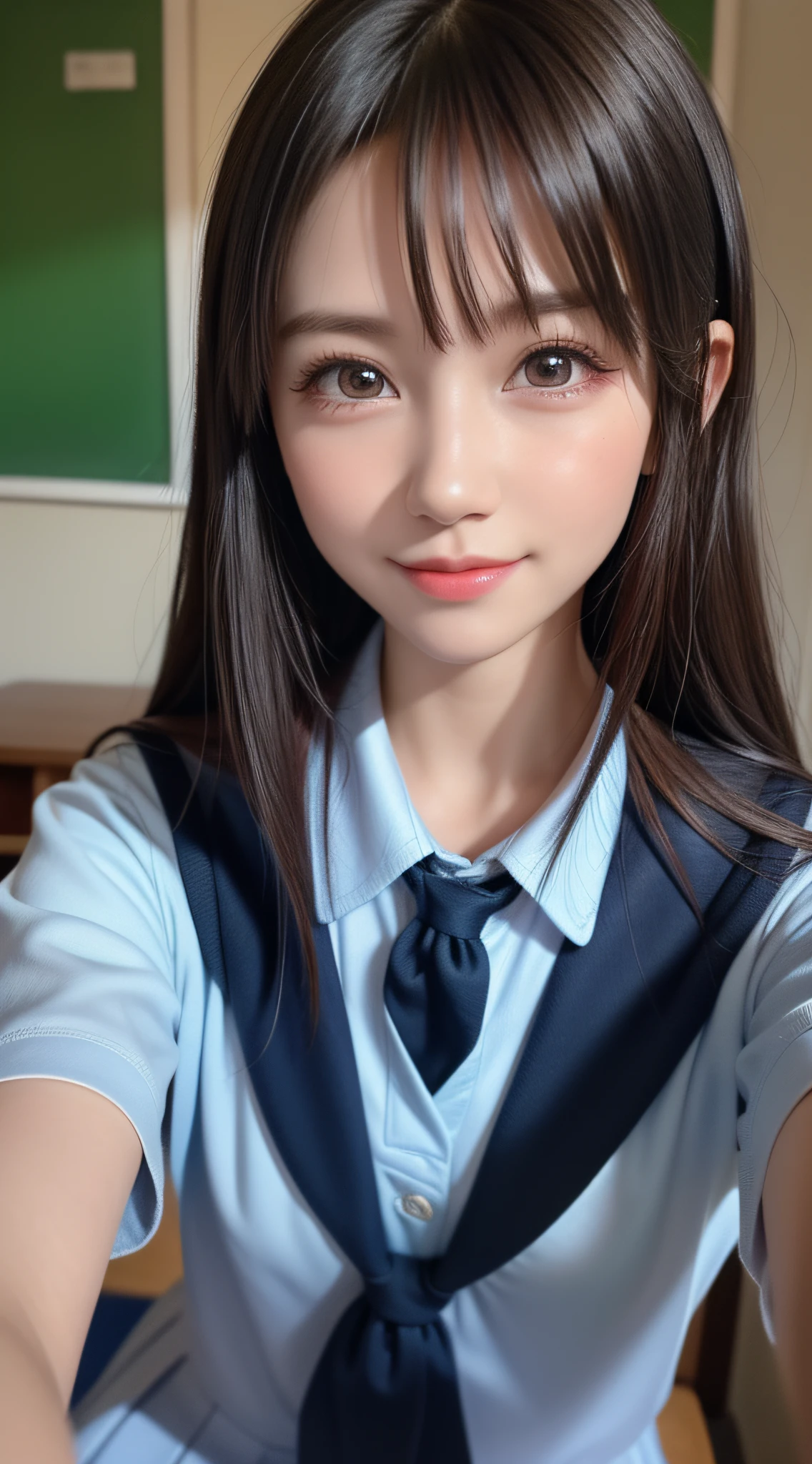 1girl in, Extremely cute, Amazing face and eyes, (Beautiful lovely smile), (extremely detailed beautiful face), bright and shiny lips, Keep staring at me, Super beautiful, (School uniform:1.3), (Best Quality:1.4), (hyper quality), (Ultra-detailed), (Hyper-realistic, Photorealsitic:1.37), Authentic skin texture, Highly detailed CG integrated 8k wallpapers, RAW Photos, professional photograpy, Cinematic lighting,