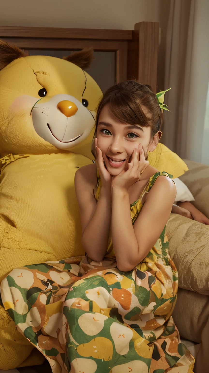 Cartoon 3D render of an attractive young girl in a yellow green dress smiling at the camera, funny cartoon in the style of Pixar
