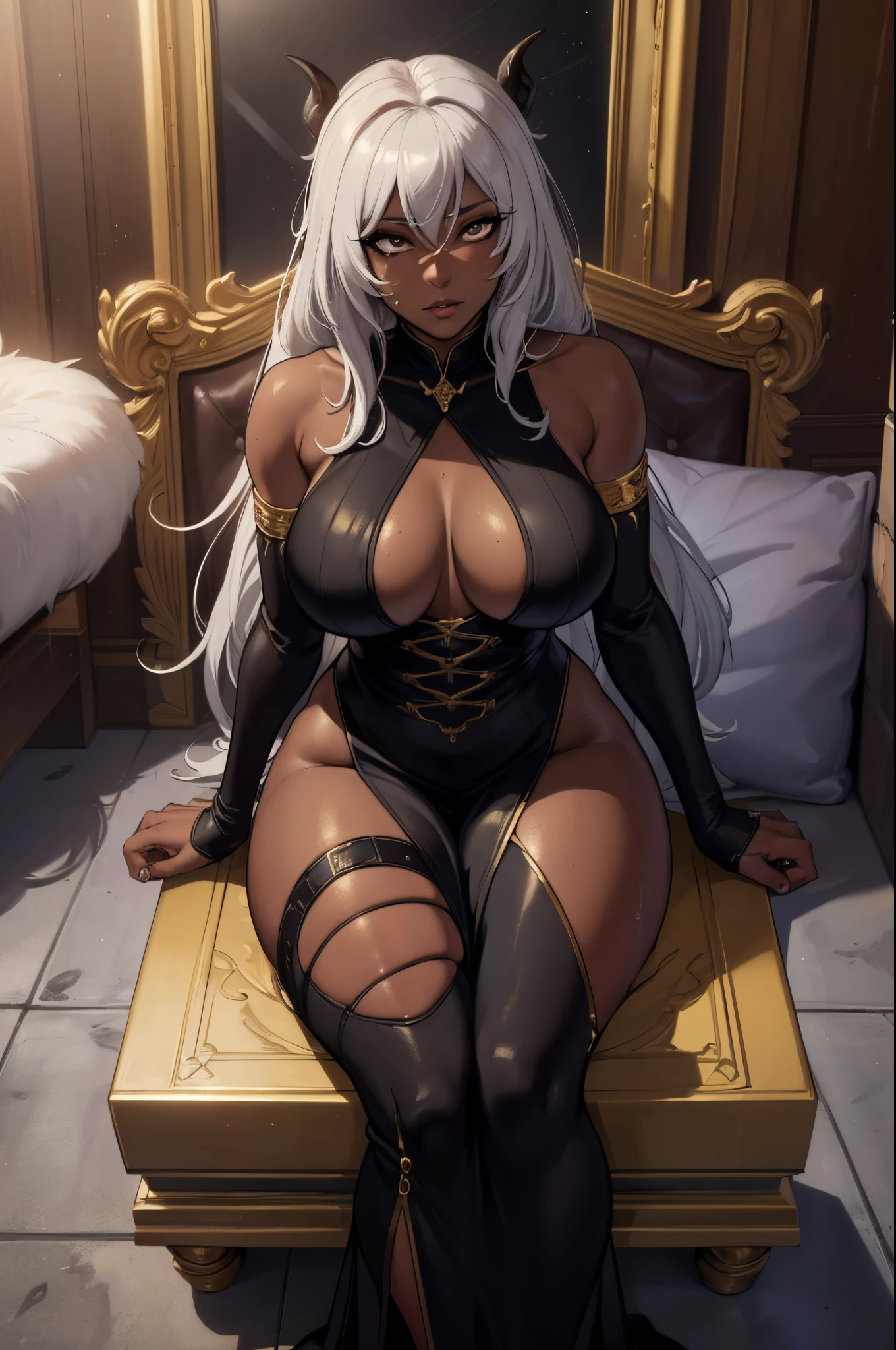 (best quality,4k,8k,highres,masterpiece:1.2), ultra-detailed, (realistic,photorealistic,photo-realistic:1.37), nishikino maki, silver hair,mature ebony-skinned female with long flowing silver hair, wearing a golden gilded form-fitting skimpy golden dress, curvy, has large black demon wings, has demonic horns, alluring gaze, dark skin tone, ebony skin tone, golden dress, dress made of gold, alone, solo, (ALONE)(SOLO), sitting on throne, sweating, soaked in sweat