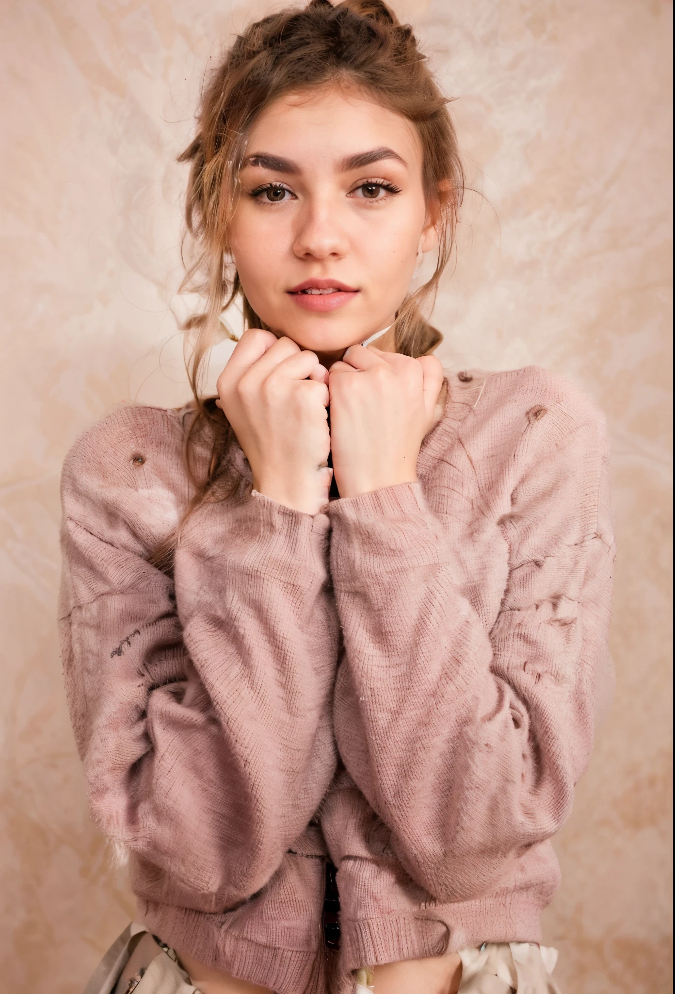 a close up of a woman wearing a pink sweater and a beige skirt, ana de armas portrait, ana de armas portrait, ana de armas, natalia dyer, imogen poots, imogen poots paladin, ana de armas as joan of arc, imogen poots d&d paladin, rosy cheeks
