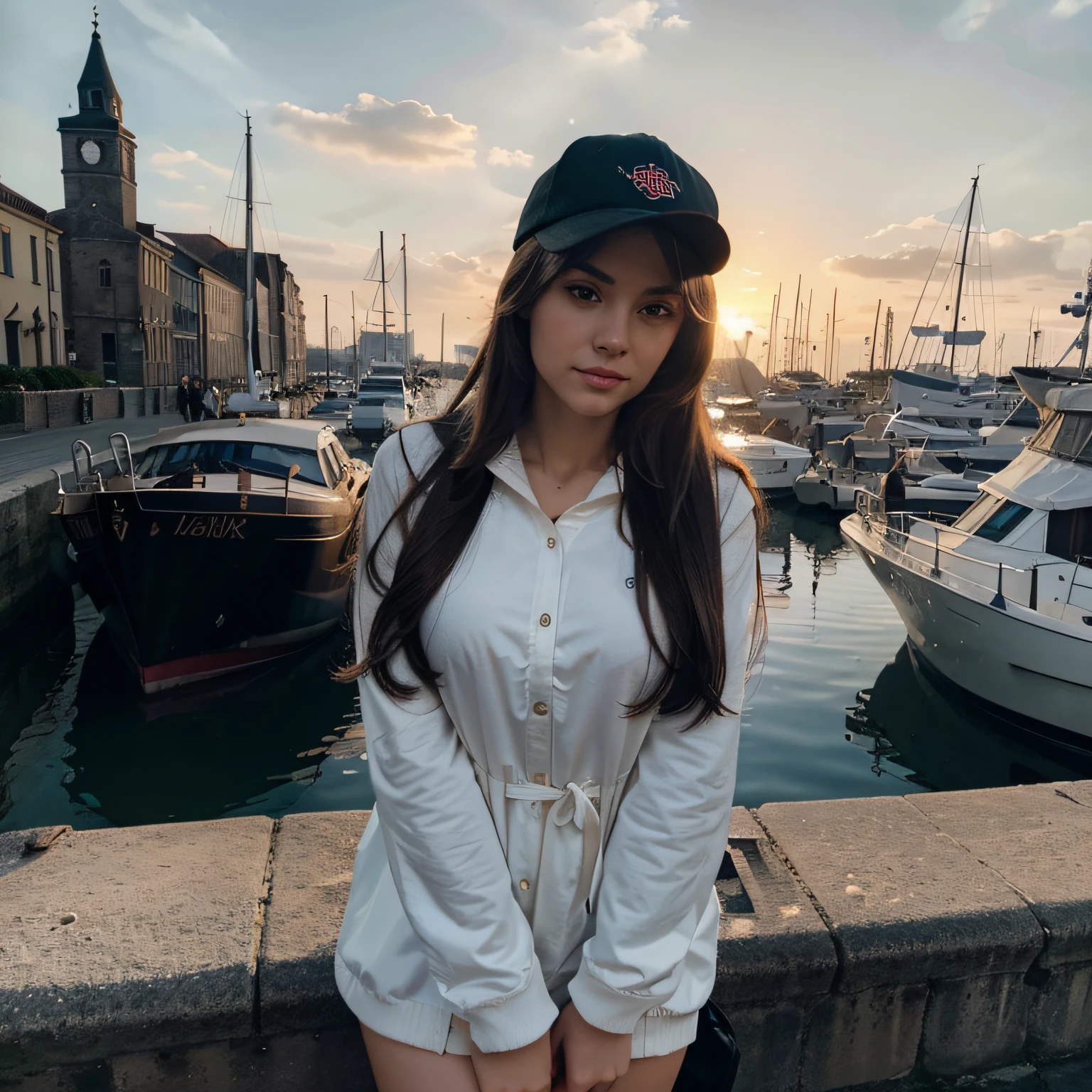 Medium shot, medium shot, depth of field, bust, upper body, cinematic angle, masterpiece, best quality, super detailed, CG, 8K wallpaper, pretty face, delicate eyes, a maiden, solo, white long hair, yellow eyes, hairpin, white shirt, black hooded jacket, black baseball cap, black stockings, black over-the-knee boots, sunset, medieval port, harbor, detailed water surface, sun reflection