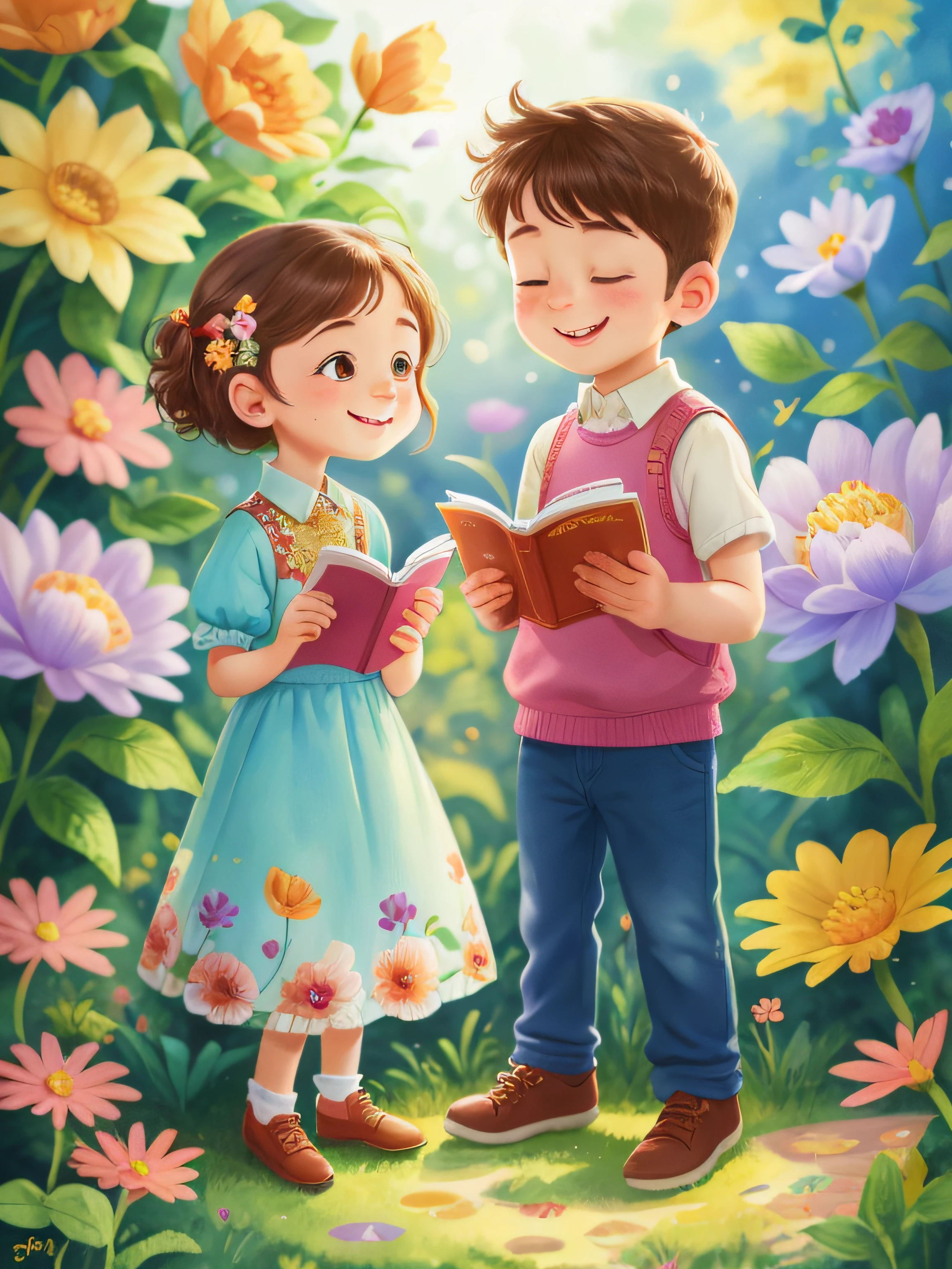 A boy and a girl read a book, flowers garden, smile, Watercolor, full body view, perfect quality, (masterpiece: 1.2)  (Bokeh background) (Best quality) (Detailed Skin: 1.3) (Intricate Details) (8K) (Detail Eyes) (Sharp Focus), (Happy), best lighting