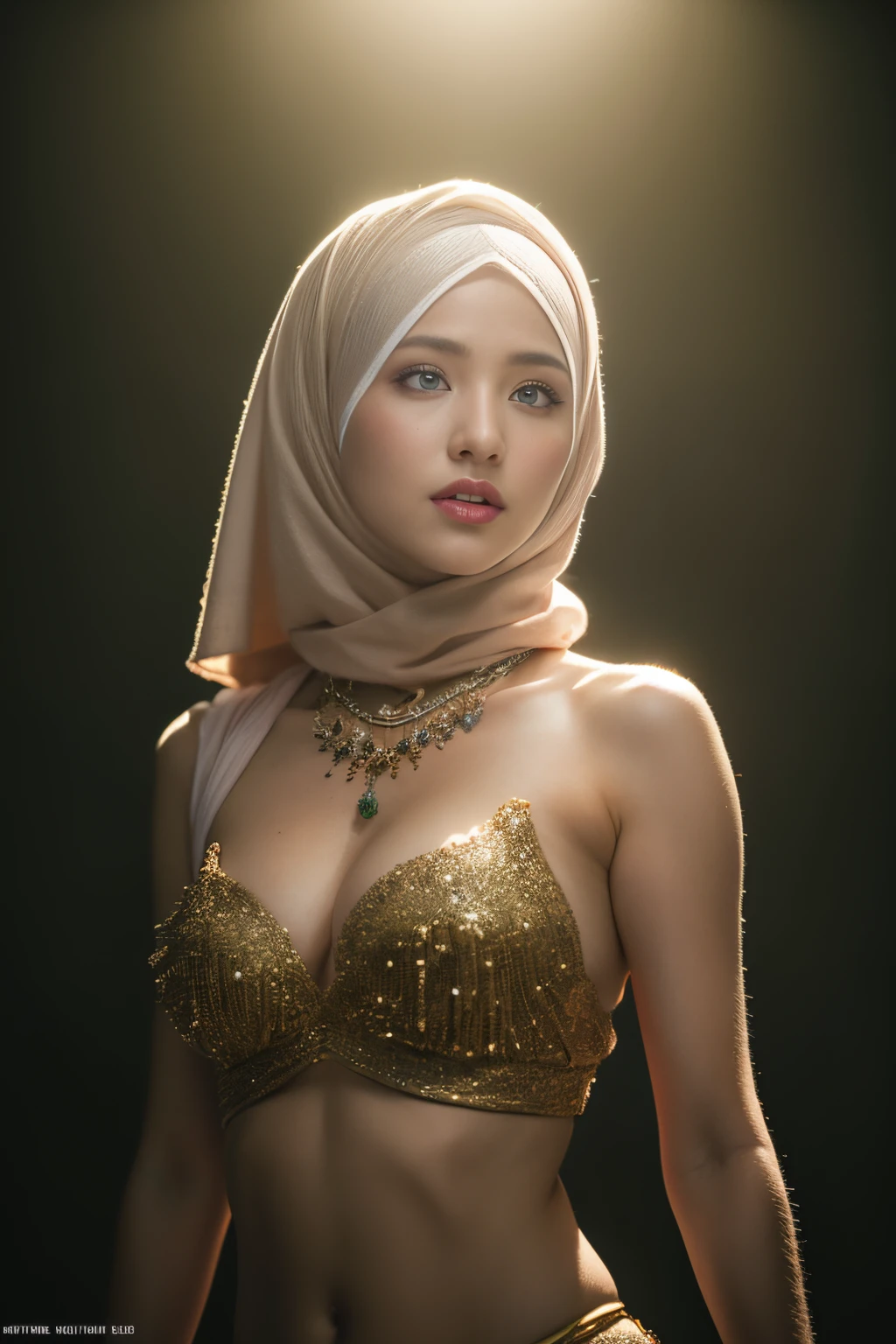 bellydancer, cyberpunk, javanese, (((hijabi))), cleavage, reflection light, chiaroscuro, depth of field, cinematic lighting, ray tracing, Sony FE GM, UHD, super detail, masterpiece, textured skin, high details, best quality, award winning,3D,hdr(HighDynamicRange),Ray tracing,NVIDIA RTX,Hyper-Resolution,Unreal 5,Subsurface scattering、PBR Texture、post-proces、Anisotropy Filtering、depth of fields、maximum definition and sharpness、Many-Layer Textures、Albedo e mapas Speculares、Surface coloring、Accurate simulation octane rendering of light-material interactions、Two-colored light、largeaperture、Low ISO、White balance、the rule of thirds、8K raw data