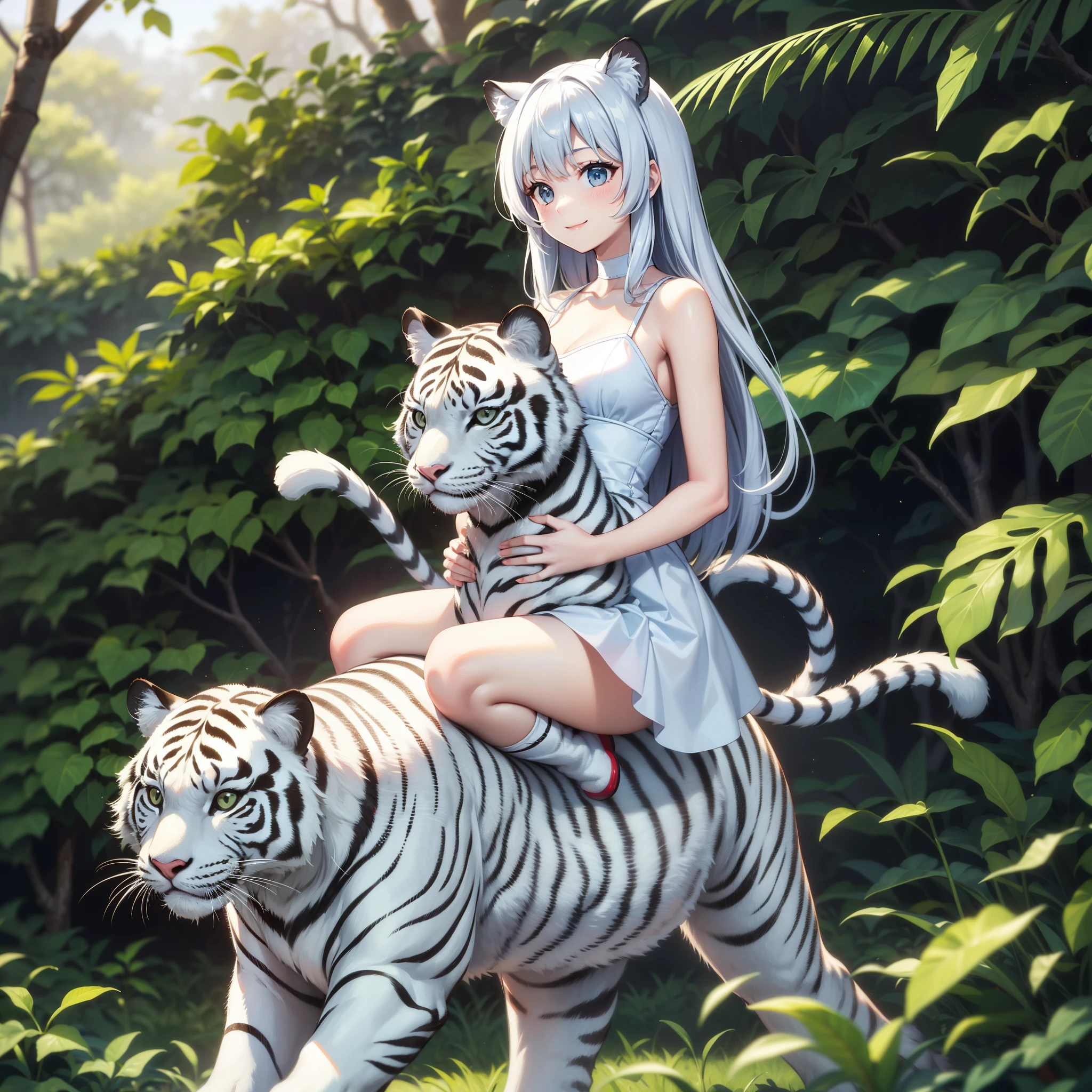 Best quality, high resolution, top-down view, bird's eye view, (((a girl)), (white hair), (cat ears), medium breasts, (white hair), (red eyes), wild beauty, correct limbs, white tiger stripe clothes, (no bra), ((bare feet)), fierce expression, fierce eyes, slightly open mouth, two tiger teeth), dim forest, kneeling, crawling on all fours, hands on the back, correct cat ears, correct tail, ray tracing, (only two hands), (only two legs) , white tiger pattern, in the forest, primitive painting style, wild painting style, (correct limbs) --auto --s2