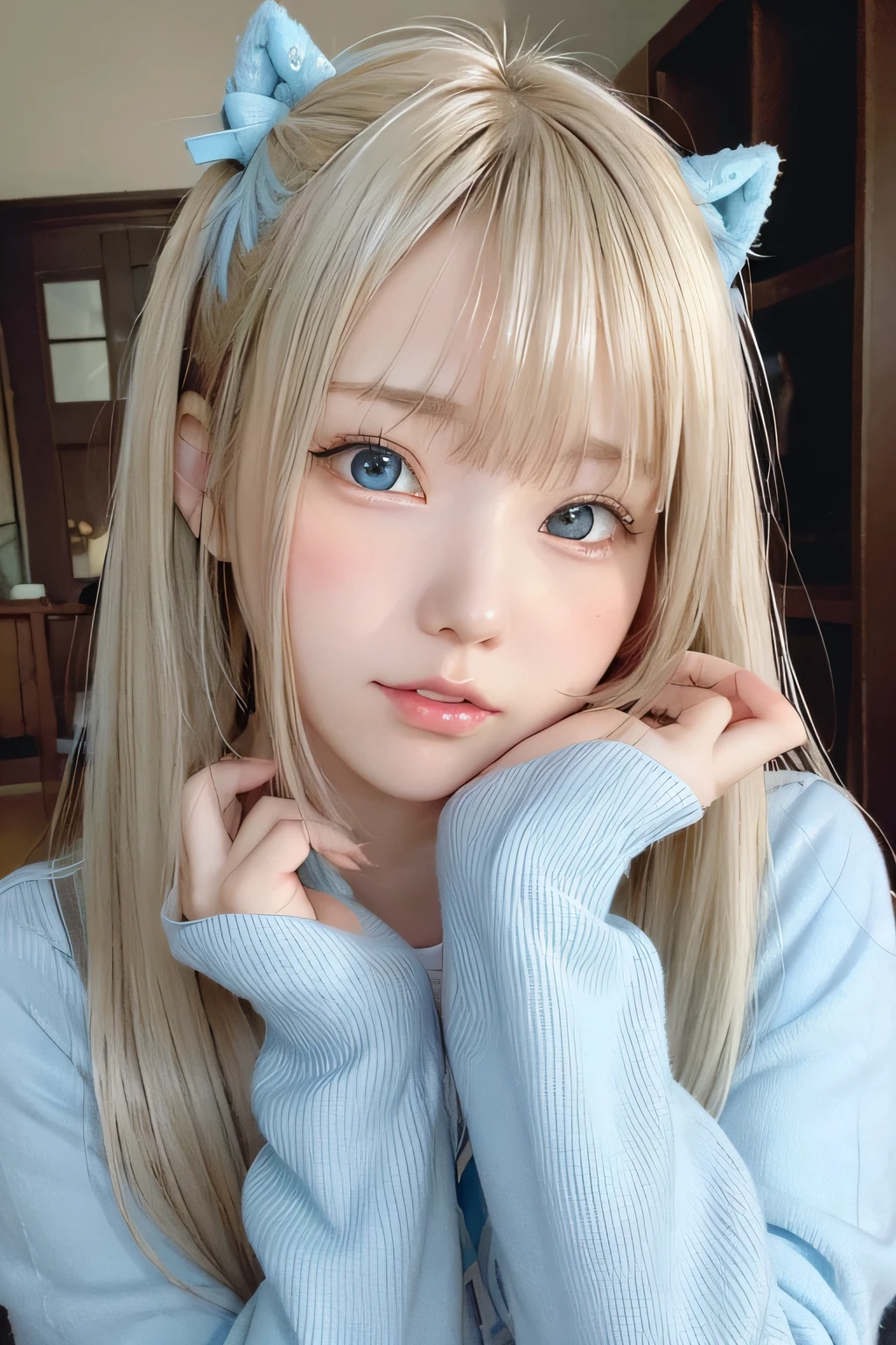 a masterpiece portrait of a beautiful young girl with a small face and a cute expression with a black cat, wearing a blue headband, in a , shot with a DSLR camera, high-quality 8k UHD image with realistic skin details, detailed facial features, rim lighting, and a beautiful bokeh background, with a beautiful smile