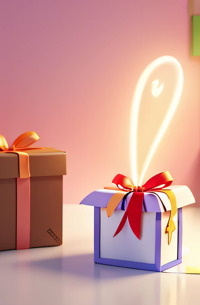 create white gift box with multicolored ribbon bow, opened by a magic wand, saindo magia do interior, desenho infantil, disney, pixar 3d magia