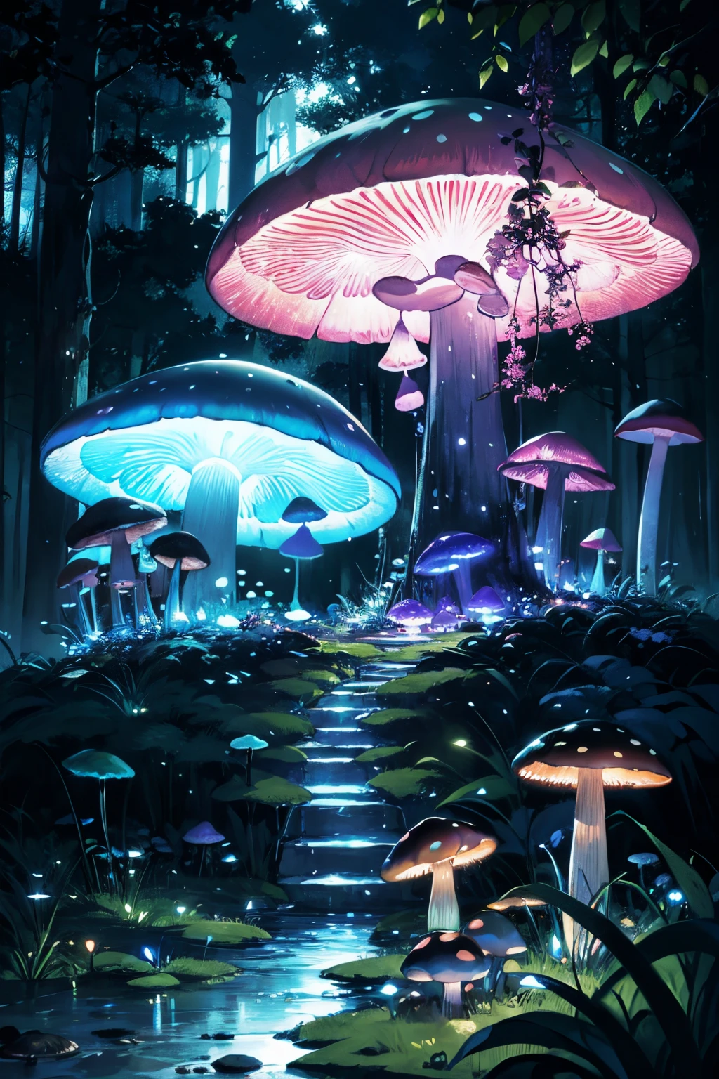 mushrooms, Glowing mushrooms, neons, swamp mushroom, Beautiful light, Dark blue, Purple, mysticism, many different mushrooms,Deep in the forest,big mushroom house