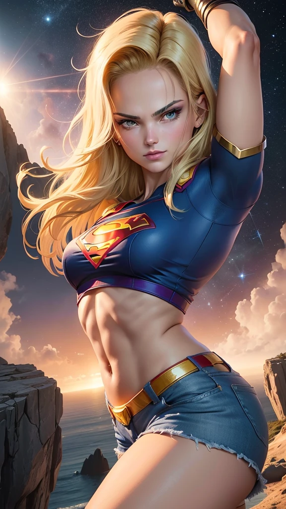 "((best quality,best ilumination)), Cute model with short hair and athletic body, (((vestindo COSPLAY DE SUPERGIRL))), seios acentuados e destacados, dynamic pose, fundo colorido, high saturation, luzes vibrantes." ((camelo)) ((pernas abertas))