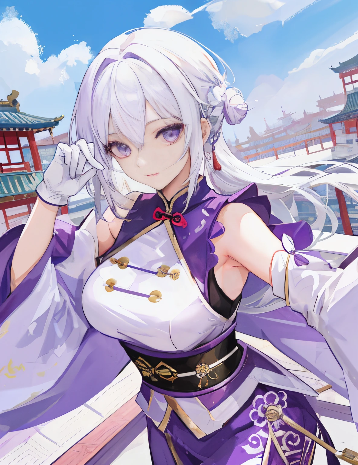 Two-dimensional painting style,24-year-old woman,White hair,put on purple robe,Long white gloves are worn on the elbows(Must be above the elbow),Chinese style buildings