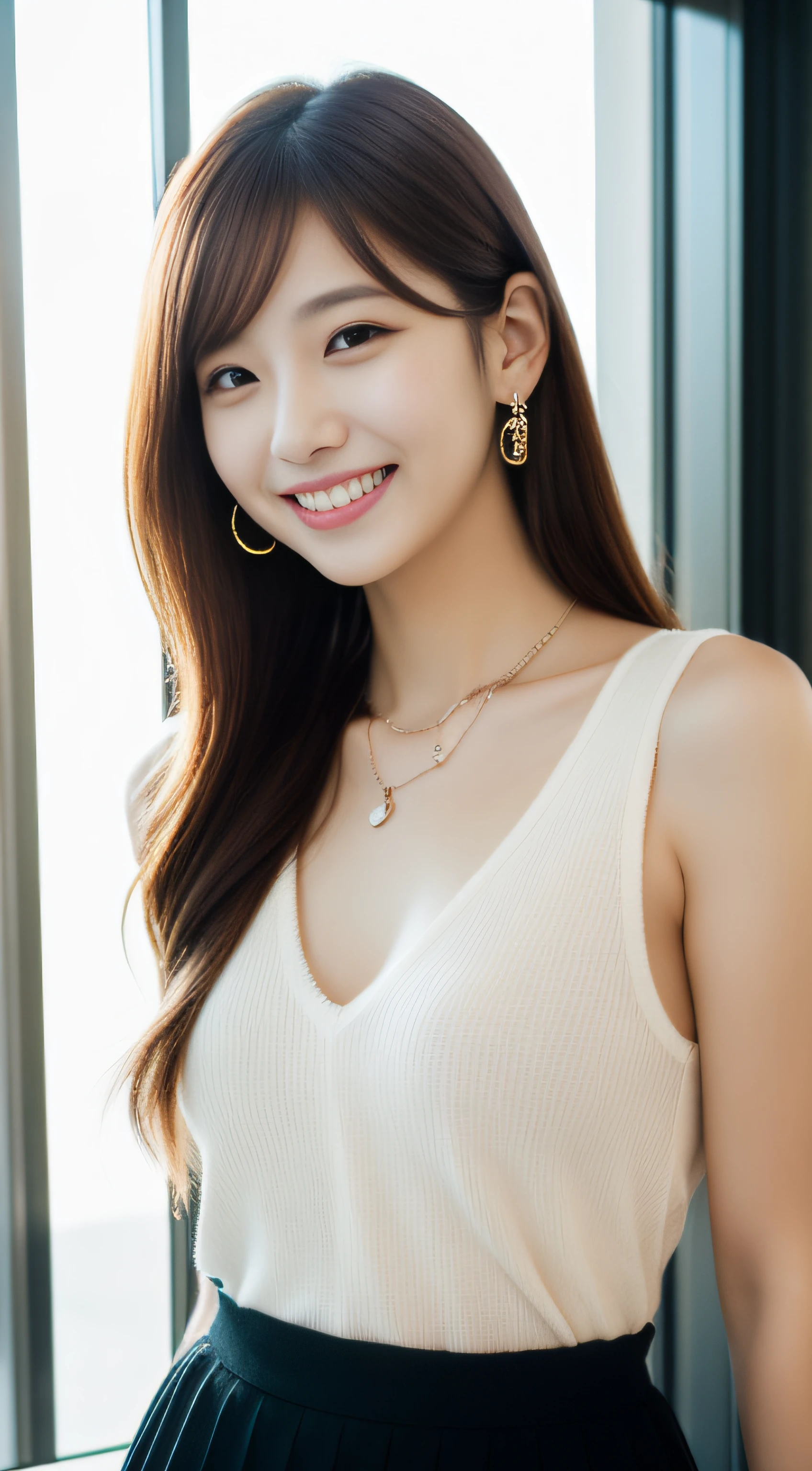 The face is a hostess、skirt by the、hiquality、A hyper-realistic、healthy、Smiling expression、Slender perfect figure、Japan beauties、beautidful eyes、face perfect、Beautiful skin、airport、by the window、a necklace、piercings
