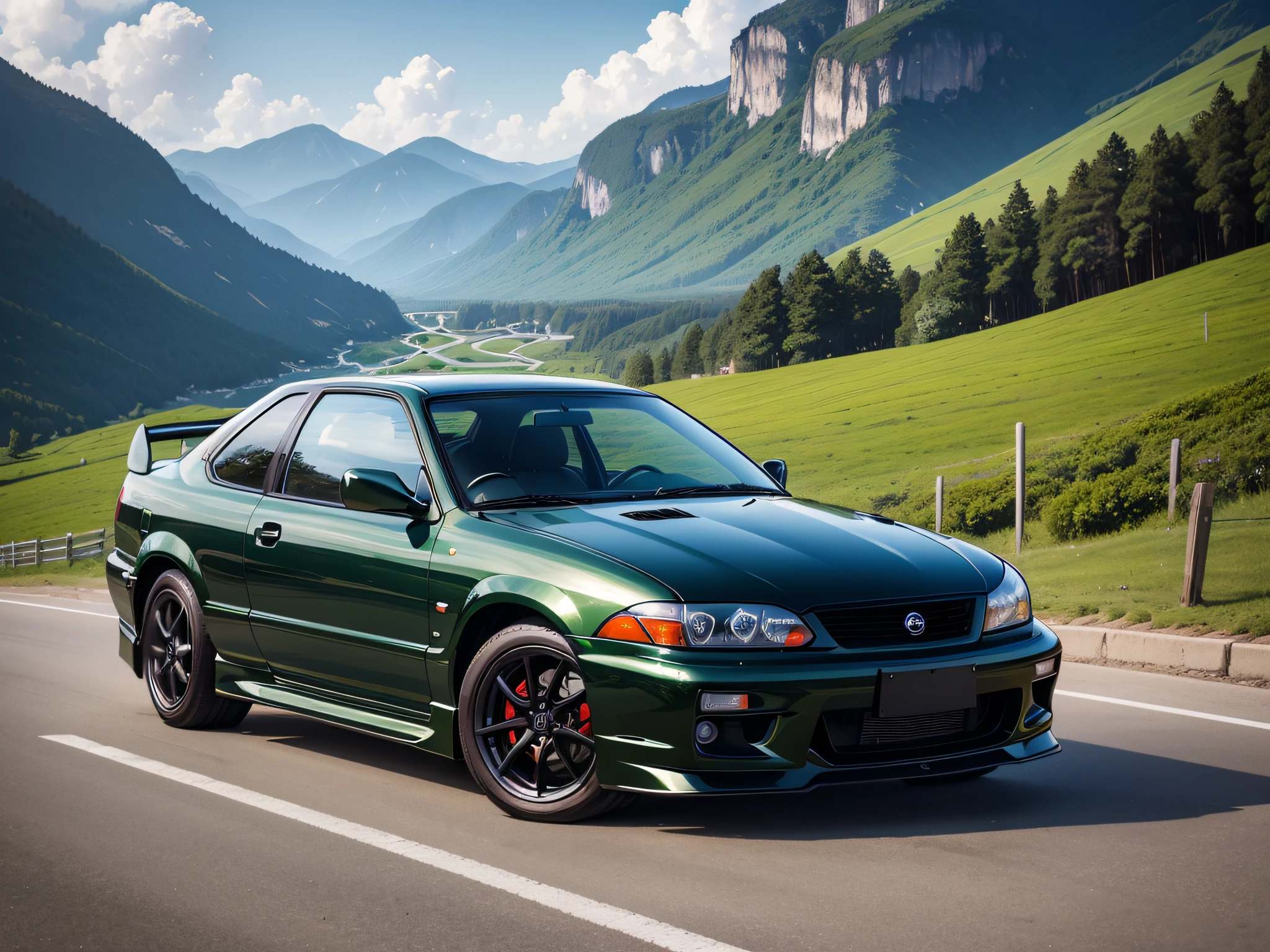 超A high resolution、An ultra-high picture quality、8K、Detailed details、marvelous expression、summer volleyball、beautiful fresh green、A pitch black sports car runs on a mountain road built along the mountain.....、Nissan Bluebird SSS Coupe 2000GTS-R
