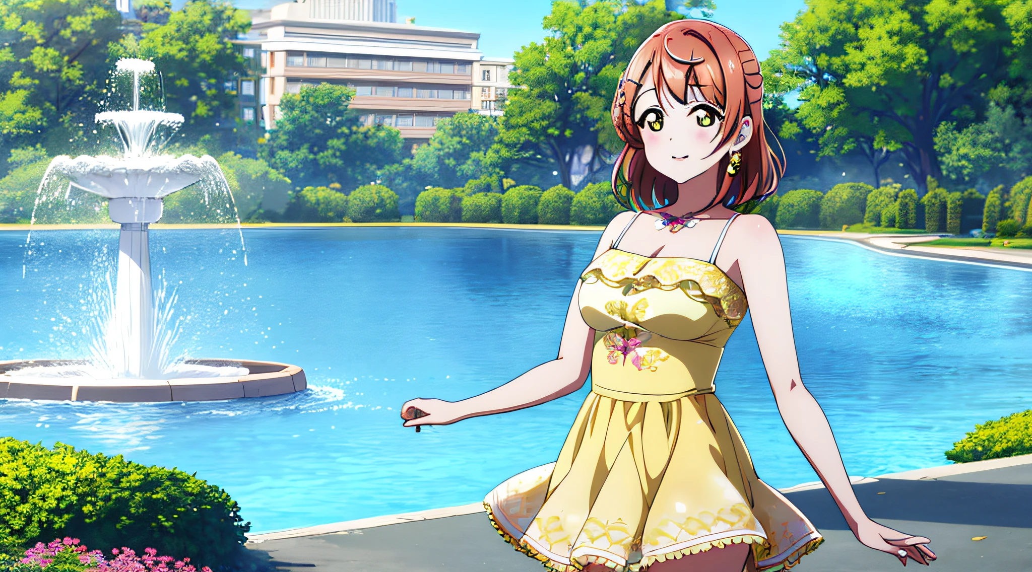 (best quality), (HD),high quality, best quality, masterpiece, ayumu uehara, 1girl, Anime-style color grading, bushiroad studio coloring style, yellow eyes, medium hair,  blue sky, gold dress, (fountain), ((hair down))