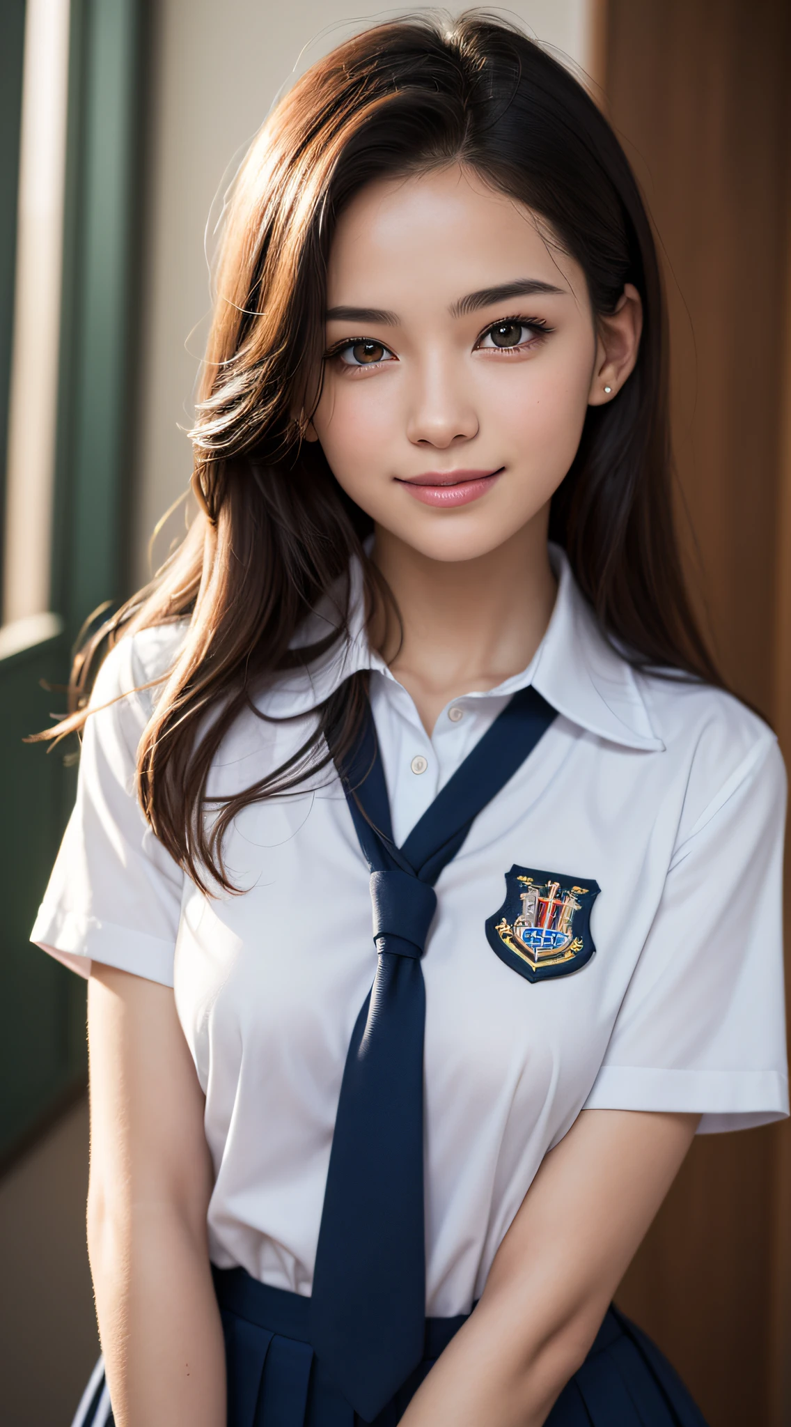 1girl in, Extremely cute, Amazing face and eyes, (Beautiful lovely smile), (extremely detailed beautiful face), bright and shiny lips,  Keep staring at me, Super beautiful, (School uniform:1.3), (Best Quality:1.4), (hyper quality), (Ultra-detailed), (Hyper-realistic, Photorealsitic:1.37), Authentic skin texture, Highly detailed CG integrated 8k wallpapers, RAW Photos, professional photograpy, Cinematic lighting,