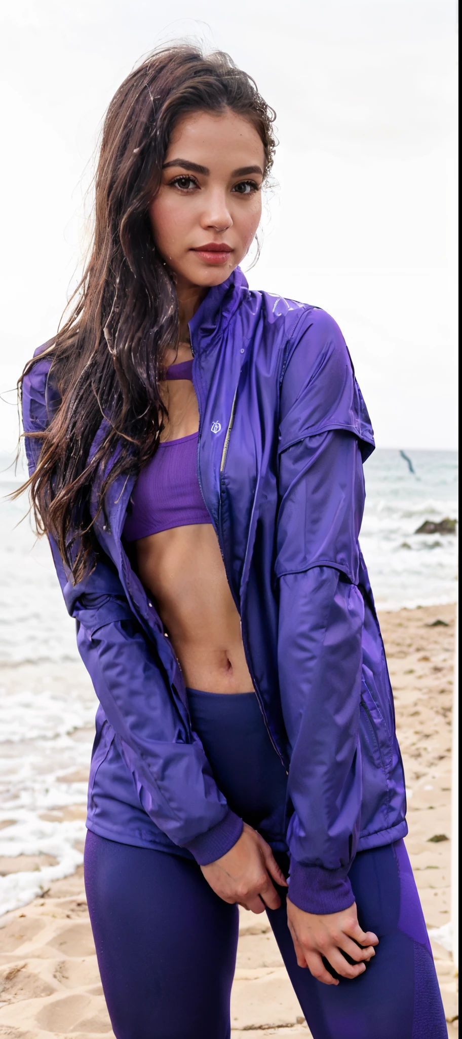 a woman in a purple jacket and blue leggings stands with her hands on her hips, capa de chuva roxa, Purple jacket, she is wearing a wet coat, suit jacket, Hodie Mihi Cras Tibi, poncho, Trem com quilombola, cabo grande, jaqueta esportiva, in tennis jacket, encapuzado, roupas esportivas, cabo, roupas esportivas, wearing jacket