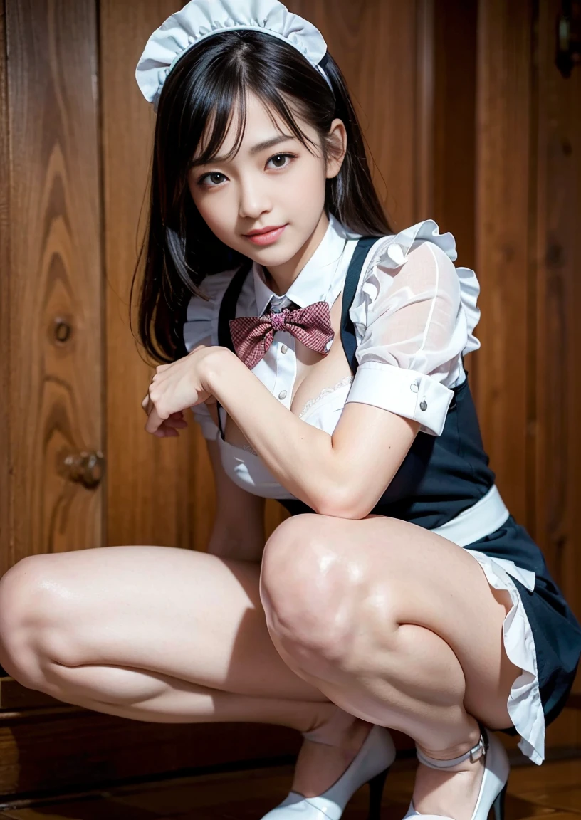 (8K, Raw photo, Best Quality, masutepiece:1.2), high-definition RAW color photography, professional photograpy, cowboyshot, (Realistic, photographrealistic:1.37), ((Best Quality)), 25 year old woman, Cinematic Light, (finerly detailed face:1.2), (masutepiece:1.5), (Best Quality:1.2), (Mole:0.5), (Smiling:0.9), (Looking at Viewer:1.2), hugging own legs, Squatting, Wrinkled white panties, bowtie, (Detailed Maid:1.2)NSFW