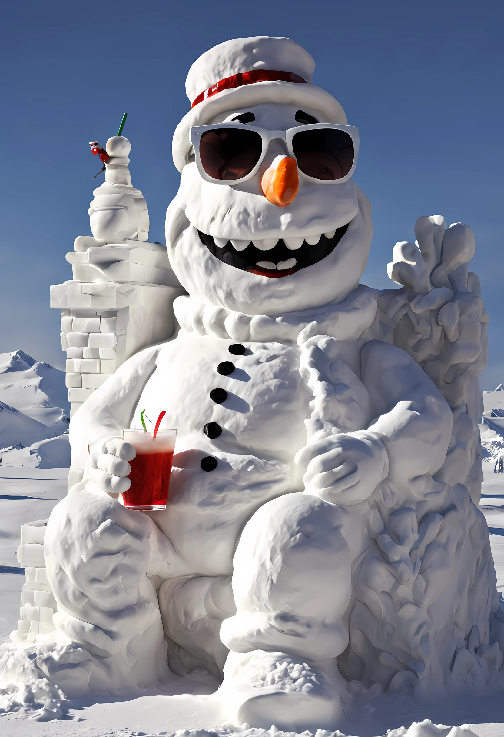 photorealism a picture of a large sized snowman (ultra detailed, Masterpiece, best quality: 1.3) made of snow (ultra detailed, Masterpiece, best quality: 1.3), wearing  sunglasses sitting in an airplane chair drinking a cocktail, modern travel airplane background, best quality, 16k, [ultra detailed], masterpiece, best quality, (ultra detailed), full body, ultra wide shot, photorealistic, Snowsculpture