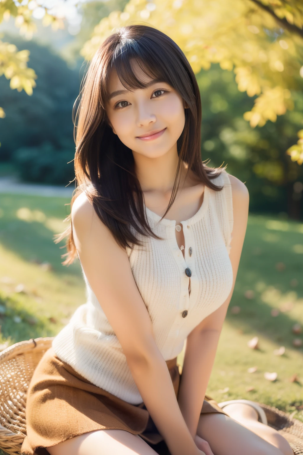 in 8K,Best Quality:1.4, 超A high resolution:1.5, (Photorealistic:1.4),masterpiece:1.2,(top-quality:1.4)、 Raw photo、(the background is blurred), A park on a hill with a good view:1.4、On the lawn、FULL BODYSHOT:1.5、 1日本人の女の子, Cute, (Solo), (Shy smile), Smooth skin、(30-years old:1.4)、to stand、Check miniskirt、Cute mini skirt、 (Brown medium hair,Bangs), (touch hair:1.4)、nogizaka、cute little、Supple fingertips,Beautiful black eyes、natural skin textures:1.3, realistic eyes and face details:1.7、middlebreasts、gazing at viewer、gravure、beauty legs、autumnal