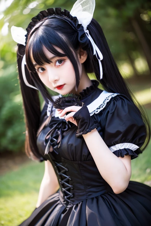 ((masterpiece)), ((highest quality、Ultra high definition)), (Very detailed),8K、Photo quality、((Amazingly cute girl)),( 14-year-old girl), Two people, , (Beautiful emerald blue eyes), ((smile)),In the open-air bath overlooking the sea, Beautifully arranged black hair in twin tails、whole body、((Super high-end white see-through summer gothic lolita maid costume、A super mini skirt with lots of frills))、Professional Lighting、(White lace knee-highore detailed and beautiful)、(More details and cutenesore realistic)、(((Just wear light clothing)))、
