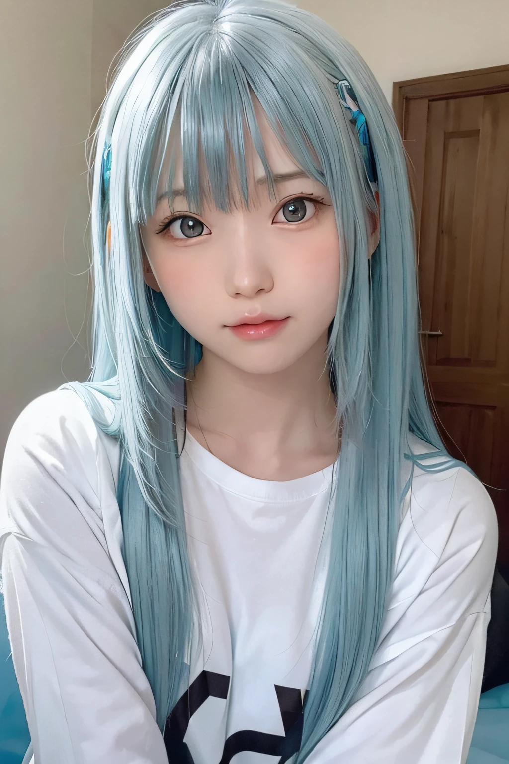 Hatsune Miku、1girl in, Portrait, Modern, The most beautiful girl in the world at 、Realistic proportions、Glossy lips、The big eyes are a very beautiful pale light blue、Beautiful shiny dazzling super blonde hair、Super long straight hair、disheveled bangs hanging on the face,,,、Pure white beautiful skin、Cheek luster、Beautiful face、Round face、Innocent face、bright expression、Juvenile look、Symmetrical face, Symmetrical eyes, Dynamic Pose, Convoluted, Intricate details, foco nítido、Small face beauty