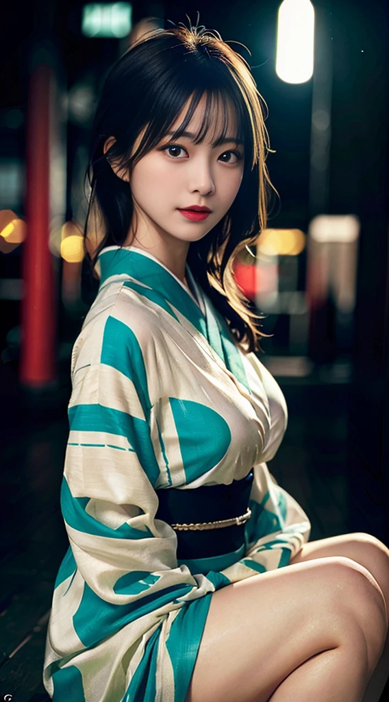 Ultra realistic 8K CG, Picture-perfect face, flawless, clean, masutepiece, Professional artwork, famousartwork, Perfect face, Beautiful face, Beautiful eyes, ((Perfect female body)), Solo,(Immersive atmosphere, Chiaroscuro:1.5,Bright light:1.2,Luminous lighting)
,,(blush:0.5),fascinated expression,Extremely detailed_Eyes,thick thighs,Large breasts, 19 year old japanese girl, beautifullydetailedbackground,depth of fields,Realistic:1.3, longshot,1girl in,Shirt, Random Color Printed Silk Kimono, Sitting, Beautiful face, Beautiful body, Beautiful dress, Full body,
(ambient lights:1.3),(Cinematic composition:1.3),(Neon light:0.1),(nffsw:0.1),Accent Lighting, nffsw, Highly detailed, Hyper realistic