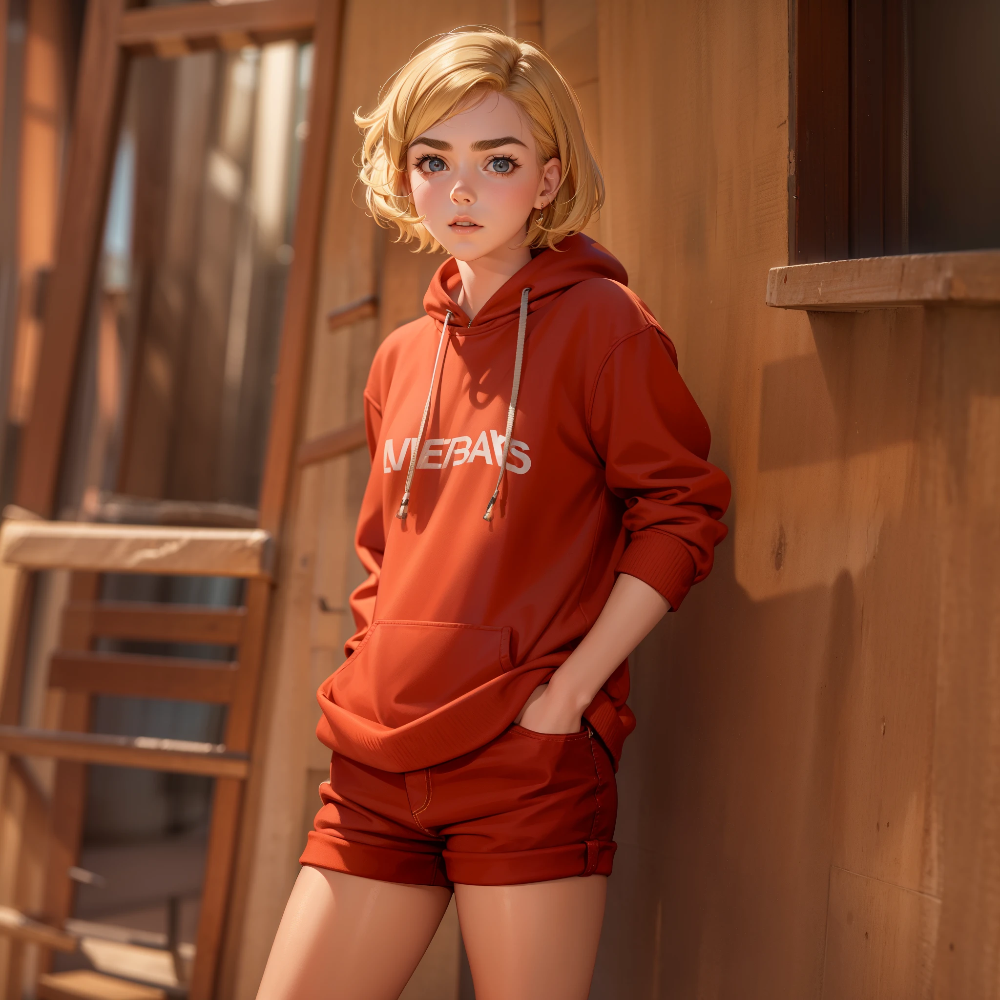 girl ("Kiernan Shipka") wearing red sweatshirt and jean shorts, short pixie-style blonde hair, thick eyebrows, flushed cheeks, full body, sharpen focus, UHD, high details, best quality, highres, 8k