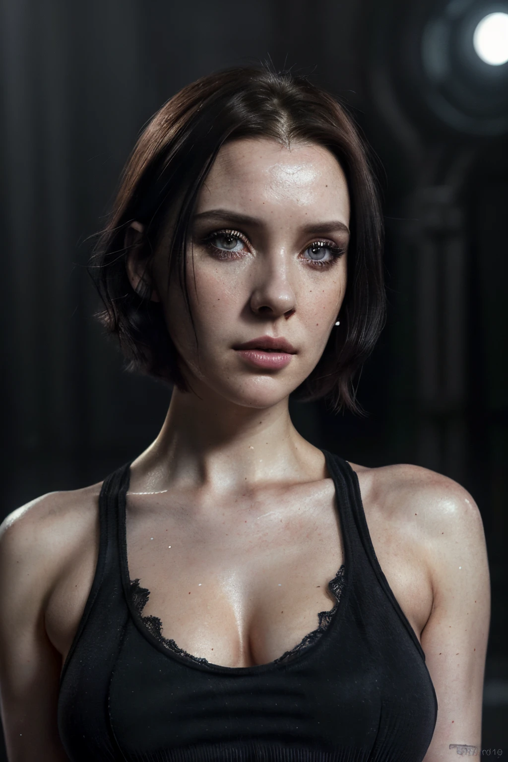 portrait,Simone Simons,(short hair over shoulders),(black hair),(dark hair brunette woman),(gray cotton tank top),(black overcoat),matrix style,underworld style,beautiful detailed eyes,beautiful detailed lips,ultra-detailed,long eyelashes,expressive face,highres,ultra-fine painting,photorealistic,vivid colors,studio lighting