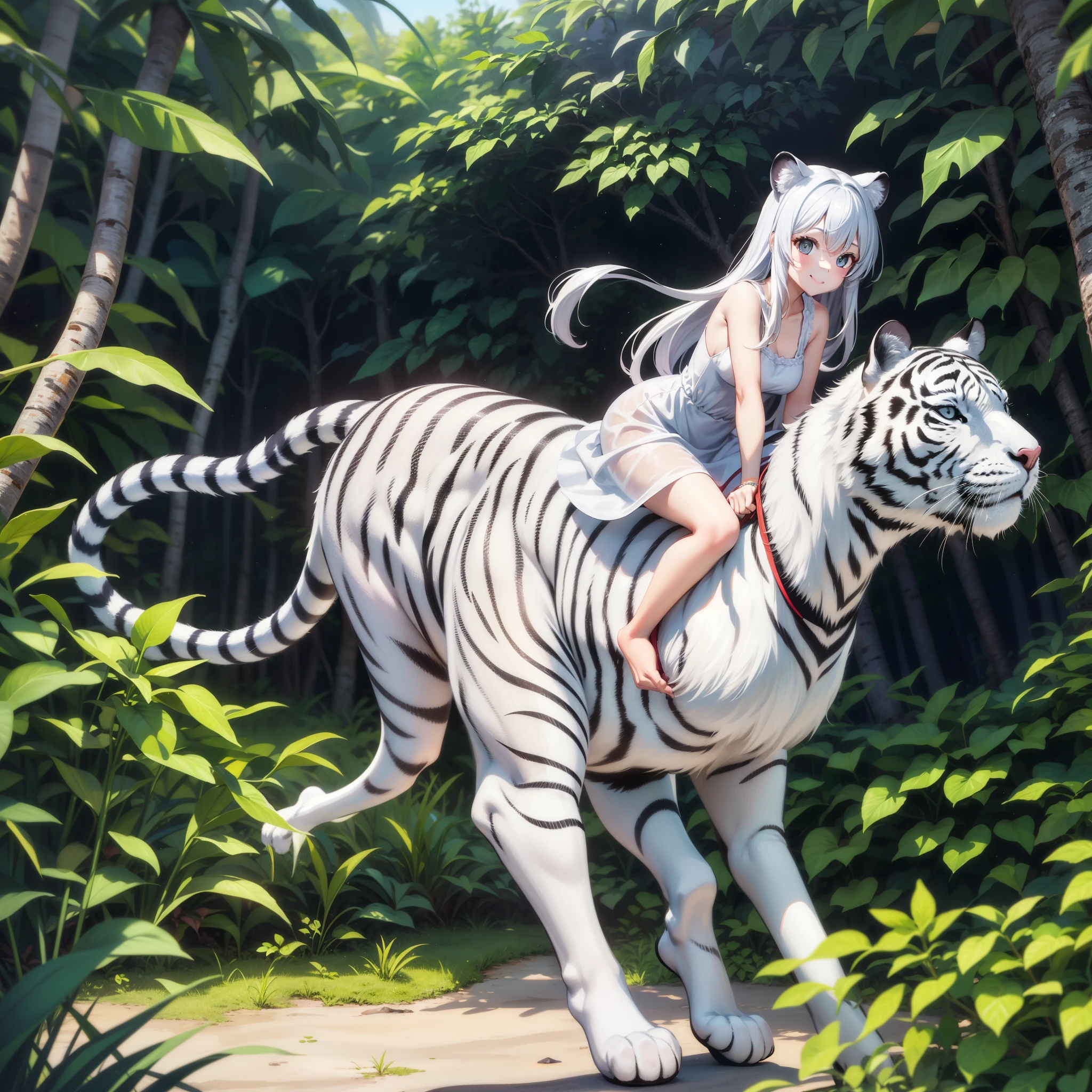 A girl in a white dress riding a white tiger in the jungle, Light blue long hair、Twin-tailed、adorable smiling、steppe