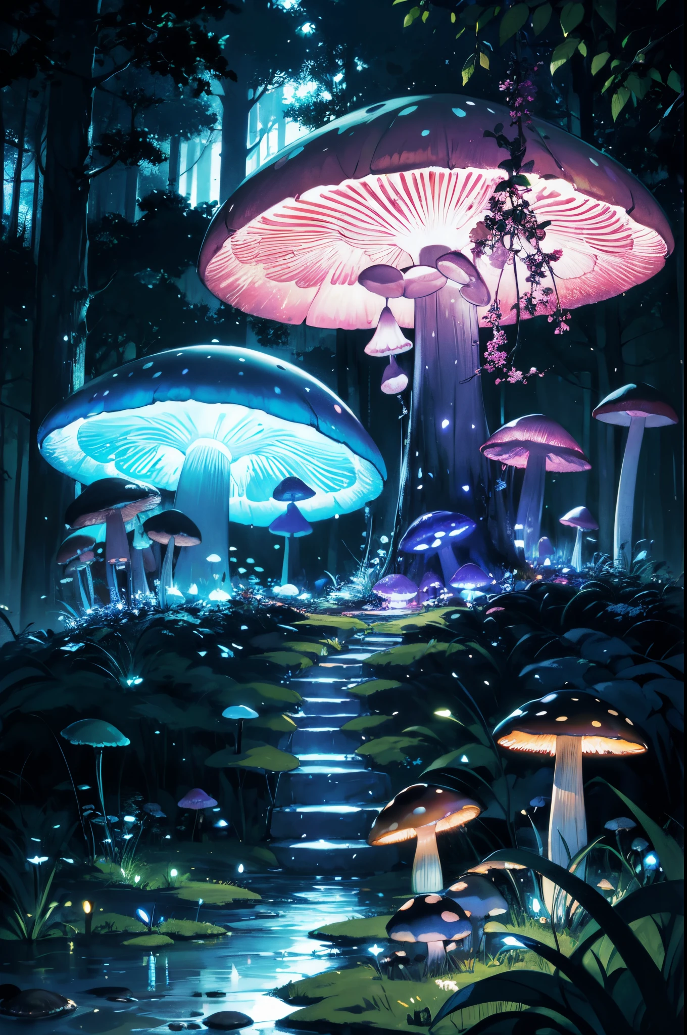 mushrooms, Glowing mushrooms, neons, swamp mushroom, Beautiful light, Dark blue, Purple, mysticism, many different mushrooms,Deep in the forest,big mushroom house