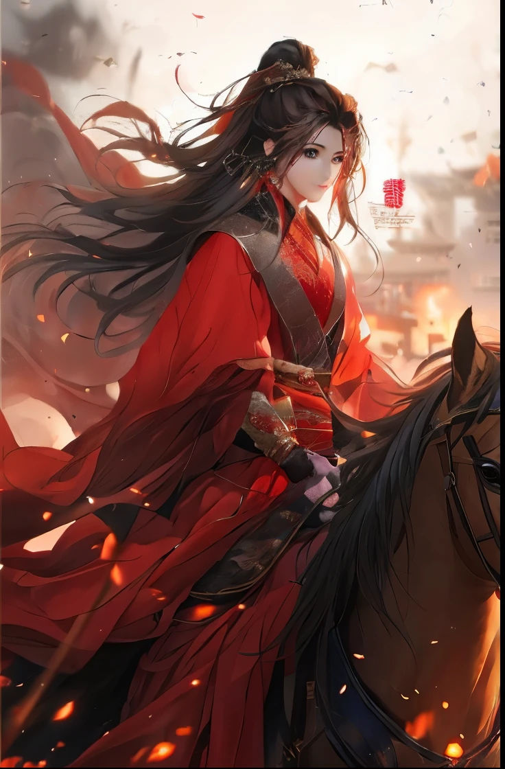 a woman in a red dress riding a horse with a sword, by Yang J, wuxia, by Qu Leilei, inspired by Zhu Derun, by Leng Mei, by Wang E, by Li Fangying, inspired by Magali Villeneuve, handsome guy in demon slayer art, by Ni Tian, full body wuxia, xianxia hero