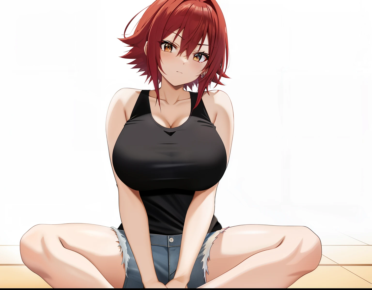 Red haired anime girl sitting on floor with legs crossed, an anime girl, anime style character, garments:Black tank top, girl wearing denim shorts, In anime style, huge tit, with large breasts, anime styled, Anime style, Muscular woman, knights of zodiac girl, with short red hair standing on end,, In an anime style, feminine and muscular, Bare arms, Bare shoulders,