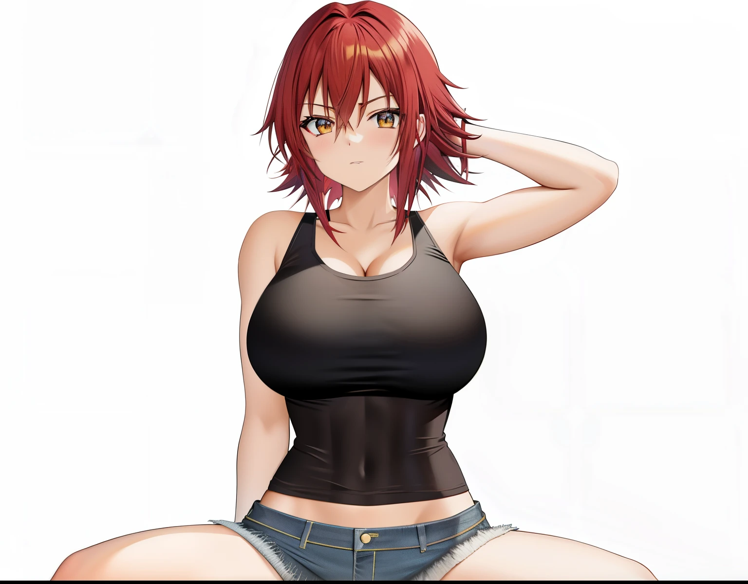 Red haired anime girl sitting on floor with legs crossed, an anime girl, anime style character, garments:Black tank top, girl wearing denim shorts, In anime style, huge tit, with large breasts, anime styled, Anime style, Muscular woman, knights of zodiac girl, with short red hair standing on end,, In an anime style, feminine and muscular, Bare arms, Bare shoulders,