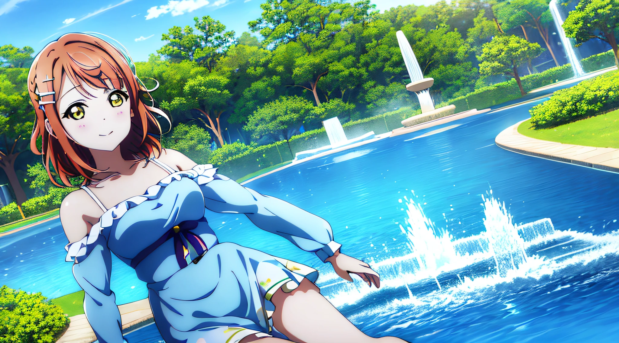 (best quality), (HD),high quality, best quality, masterpiece, ayumu uehara, 1girl, Anime-style color grading, bushiroad studio coloring style, yellow eyes, medium hair, blue sky, sky blue dress, (fountain), ((hair down))