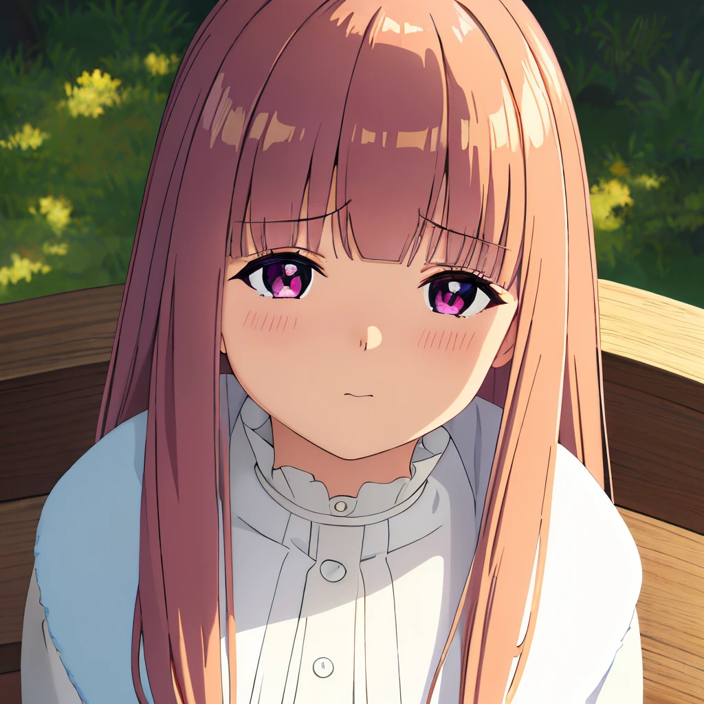 masterpiece, super fine illustration, best quality, light particles, ultra-detailed, 8K wallpaper, (bright colors:1.2), (a girl), shiny hair, shiny skin, delicate line face, masterpiece, super fine illustration, best quality, light particles, ultra-detailed, 8K wallpaper, (bright colors:1.2), delicate linestailed face, (sulky), (Puffing her cheeks), (blush cheeks), (looking up viewer), sitting on a wood chair in the woods