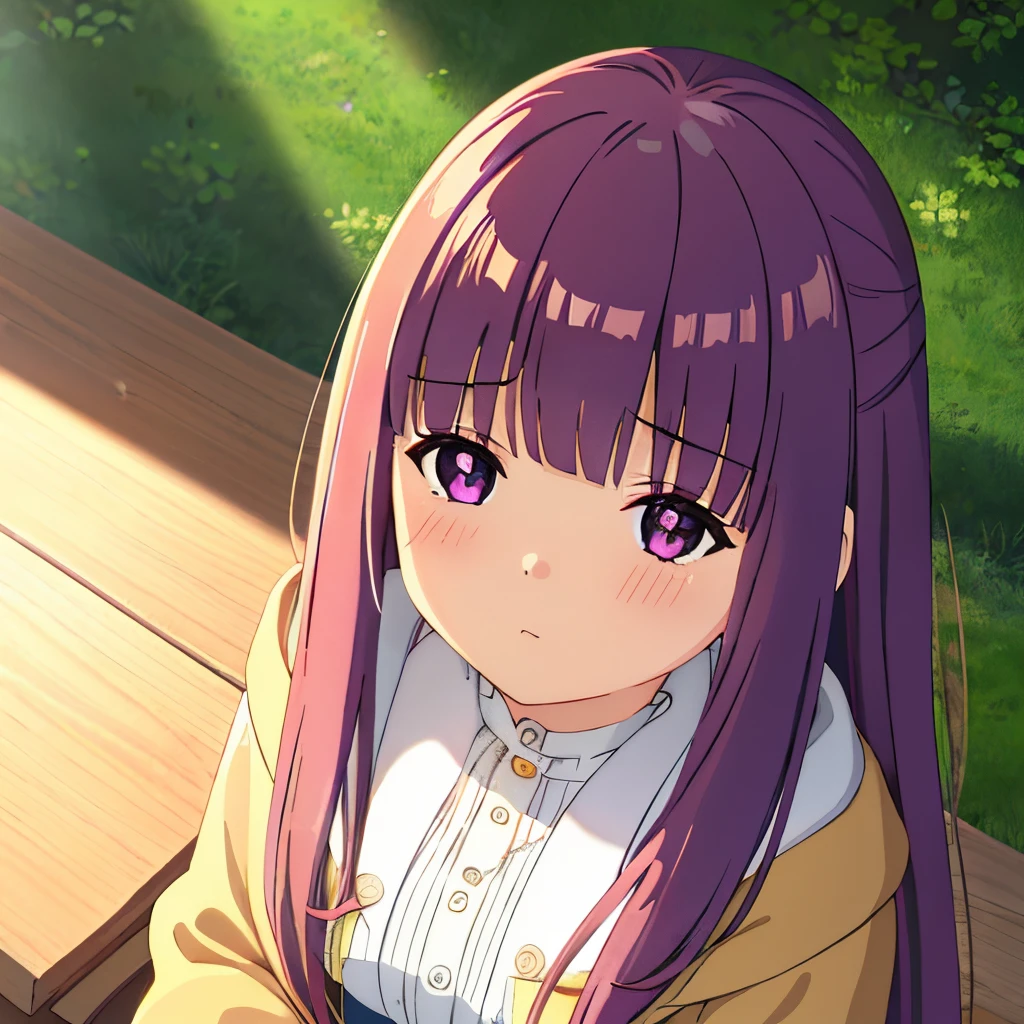 masterpiece, super fine illustration, best quality, light particles, ultra-detailed, 8K wallpaper, (bright colors:1.2), (a girl), shiny hair, shiny skin, delicate line face, masterpiece, super fine illustration, best quality, light particles, ultra-detailed, 8K wallpaper, (bright colors:1.2), delicate linestailed face, (sulky), (Puffing her cheeks), (blush cheeks), (looking up viewer), sitting on a wood chair in the woods