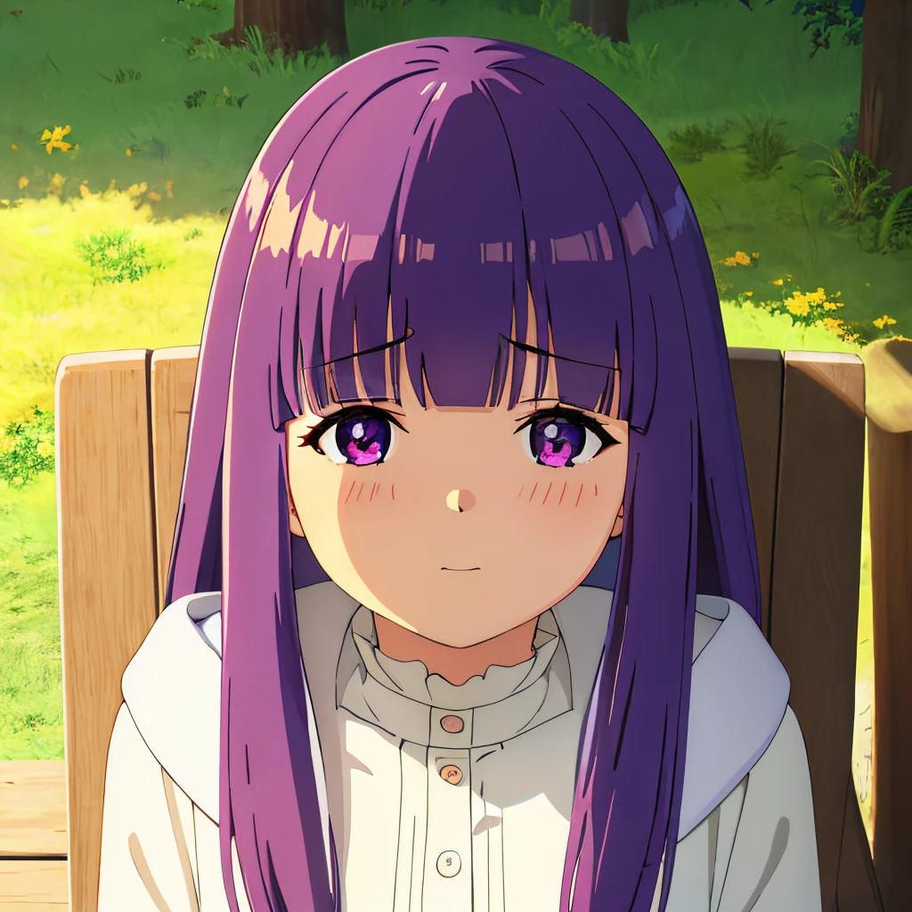masterpiece, super fine illustration, best quality, light particles, ultra-detailed, 8K wallpaper, (bright colors:1.2), (a girl), shiny hair, shiny skin, delicate line face, masterpiece, super fine illustration, best quality, light particles, ultra-detailed, 8K wallpaper, (bright colors:1.2), delicate linestailed face, (sulky), (Puffing her cheeks), (blush cheeks), (looking up viewer), sitting on a wood chair in the woods