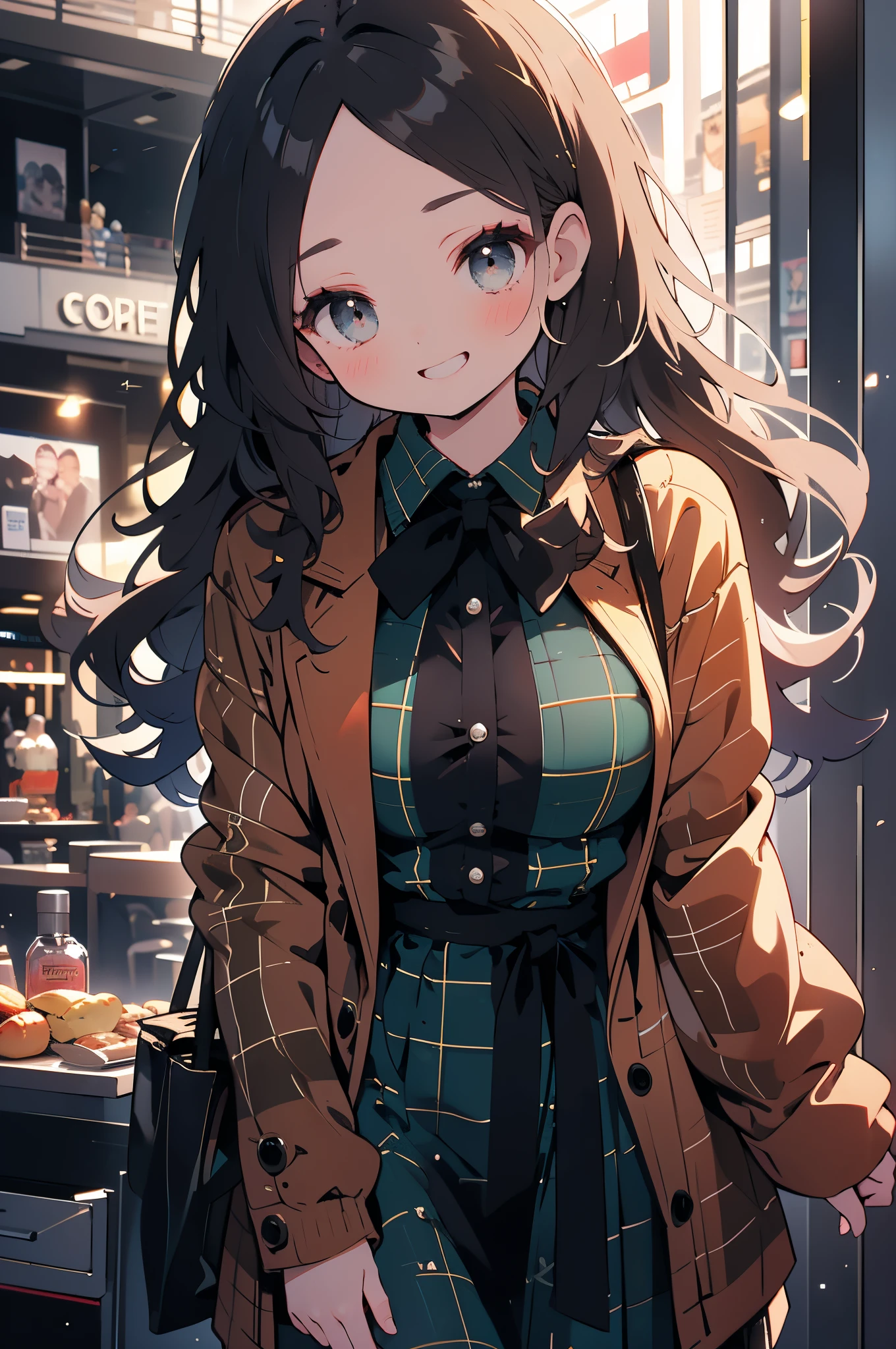Shopping Mall Background,A woman wearing a tartan plaid collared jacket, white long sleeved blouse, camisole dress with black ribbon.,Women have long hair,Delicate Makeup,mischievous smile