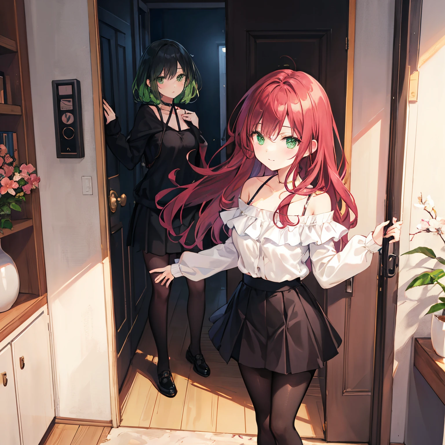 Red shoulder-length wavy hair、green-eyed、Beautiful girl alone、Light-colored top、short skirt、standing on your feet、doors、blossoms、black pantyhoses。