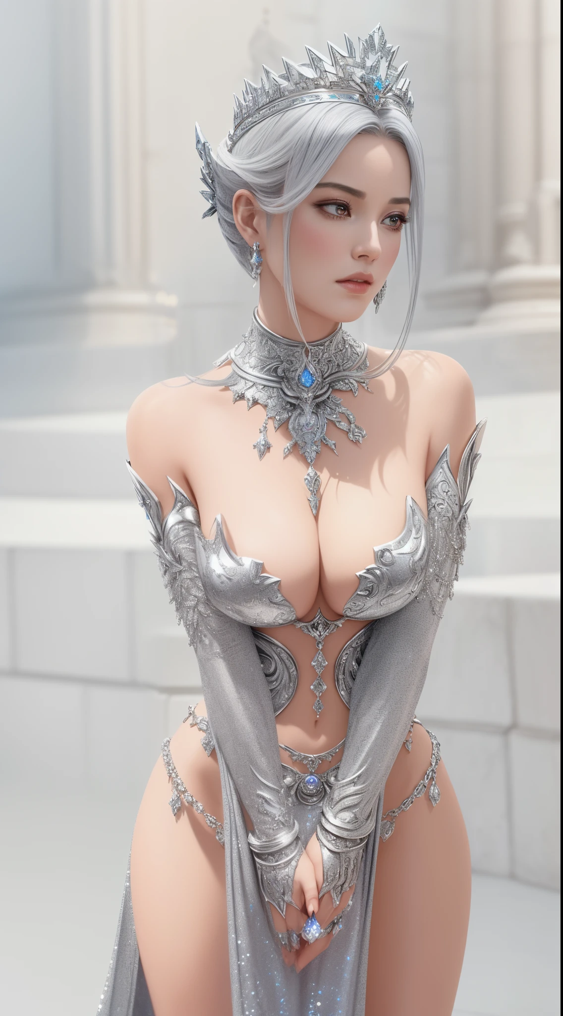 there is a woman in a silver dress posing for a picture, extremely detailed goddess shot, ornate bikini armor, cinematic goddess body shot, goddess. extremely high detail, wearing shiny breastplate, cinematic goddess close shot, intricate outfit, unreal engine render + a goddess, ((a beautiful fantasy empress)), a beautiful fantasy empress, elitedangerous 💙💜 ornate ︎, 4 k detail fantasy