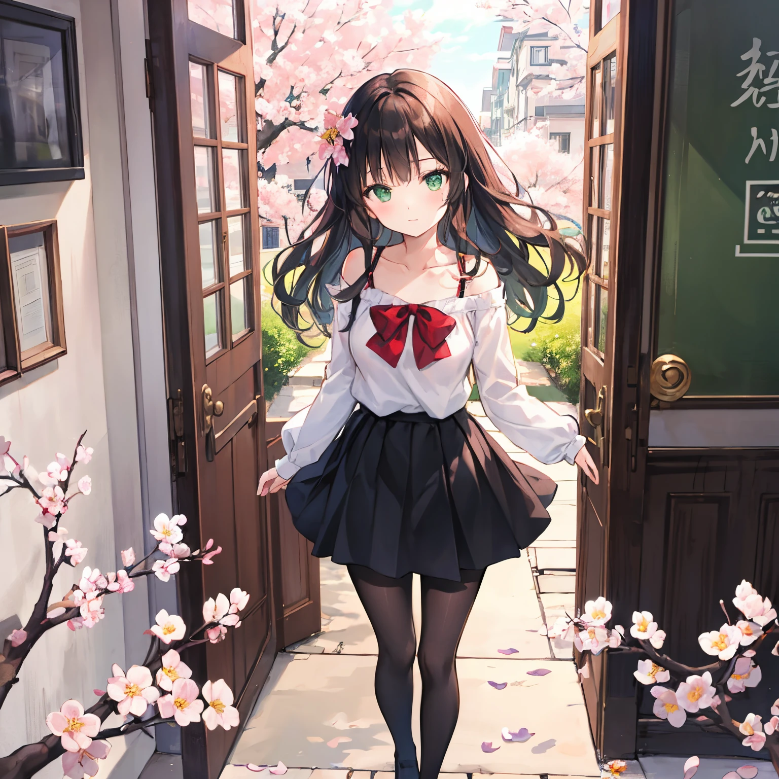 Red shoulder-length wavy hair、green-eyed、Beautiful girl alone、Light-colored top、short skirt、standing on your feet、doors、blossoms、black pantyhoses。