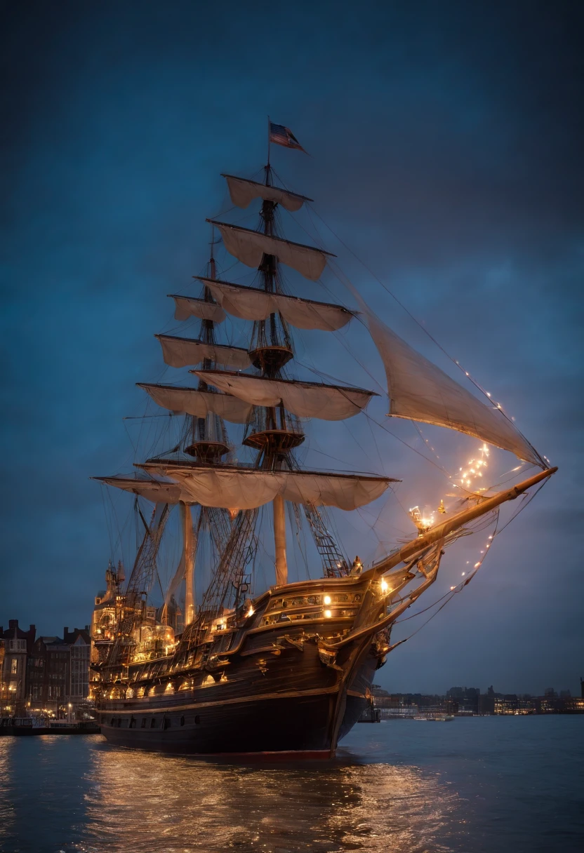 pirate ship in the air、London cityscape、Imagine a mesmerizing scene of a mysterious pirate ship floating in the skies of London. Describe the ethereal appearance of the ship, its complicated, Luminous sculpture of rainbow-colored candles capturing the light of the two moons above. Immerse yourself in the connection between the ship and the mystical energy of the sky, details how he utilizes these powers for propulsion and protection. Highlight your crew&#39;s costumes, it reflects the color of the sky, Explore the ship&#39;s ability to enter and exit reality, disappear from sight as danger approaches. Convey the sense of wonder and mystery that this ship brings to everyone who encounters it in this realm where reality and magic intertwine