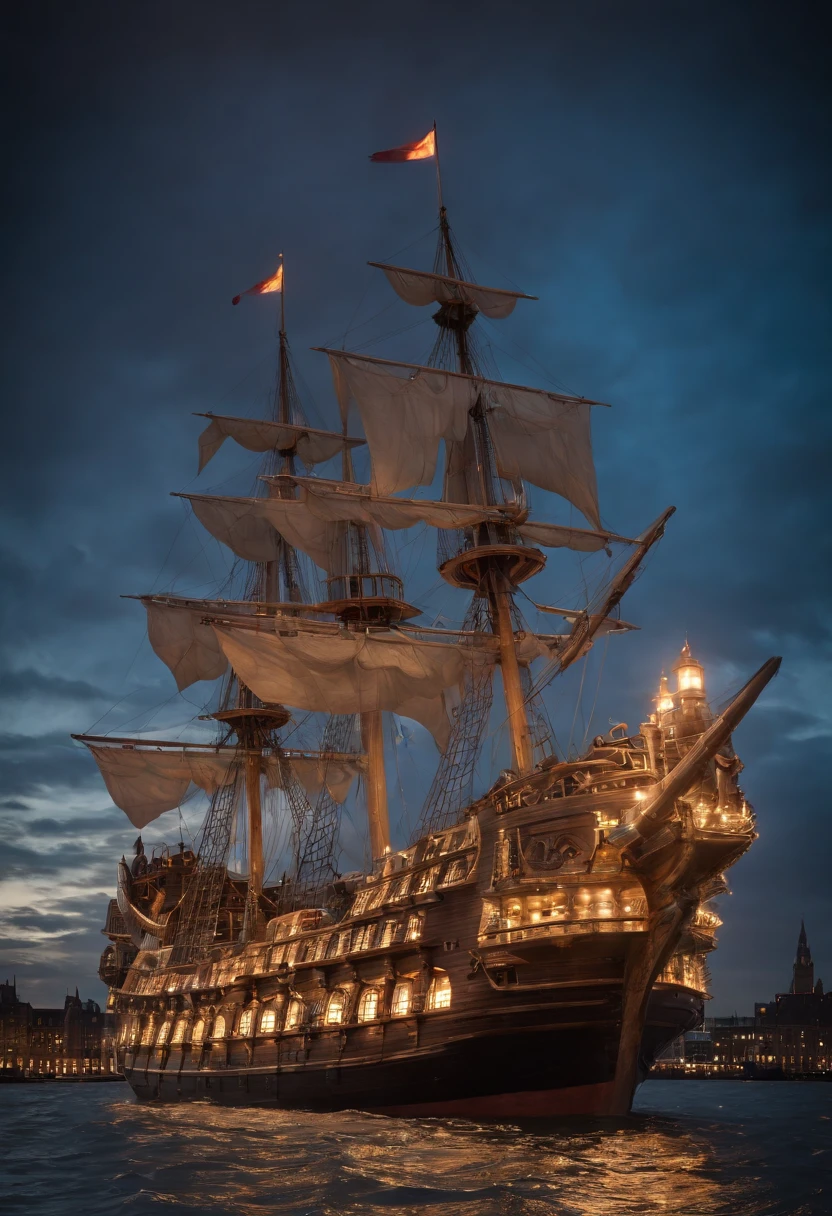 pirate ship in the air、London cityscape、Imagine a mesmerizing scene of a mysterious pirate ship floating in the skies of London. Describe the ethereal appearance of the ship, its complicated, Luminous sculpture of rainbow-colored candles capturing the light of the two moons above. Immerse yourself in the connection between the ship and the mystical energy of the sky, details how he utilizes these powers for propulsion and protection. Highlight your crew's costumes, it reflects the color of the sky, Explore the ship's ability to enter and exit reality, disappear from sight as danger approaches. Convey the sense of wonder and mystery that this ship brings to everyone who encounters it in this realm where reality and magic intertwine