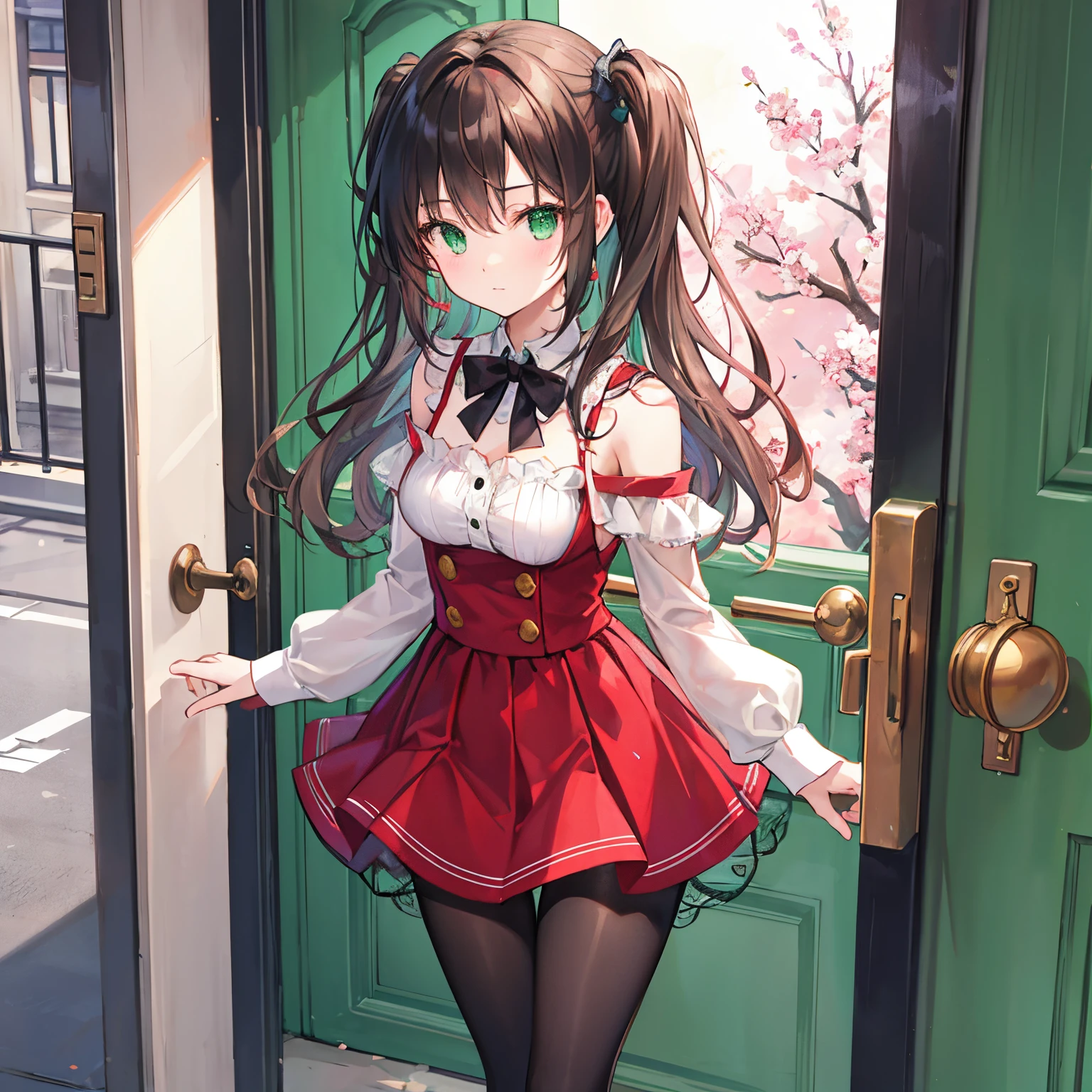 Red shoulder-length wavy hair、green-eyed、Beautiful girl alone、Light-colored top、short skirt、standing on your feet、doors、blossoms、black pantyhoses。