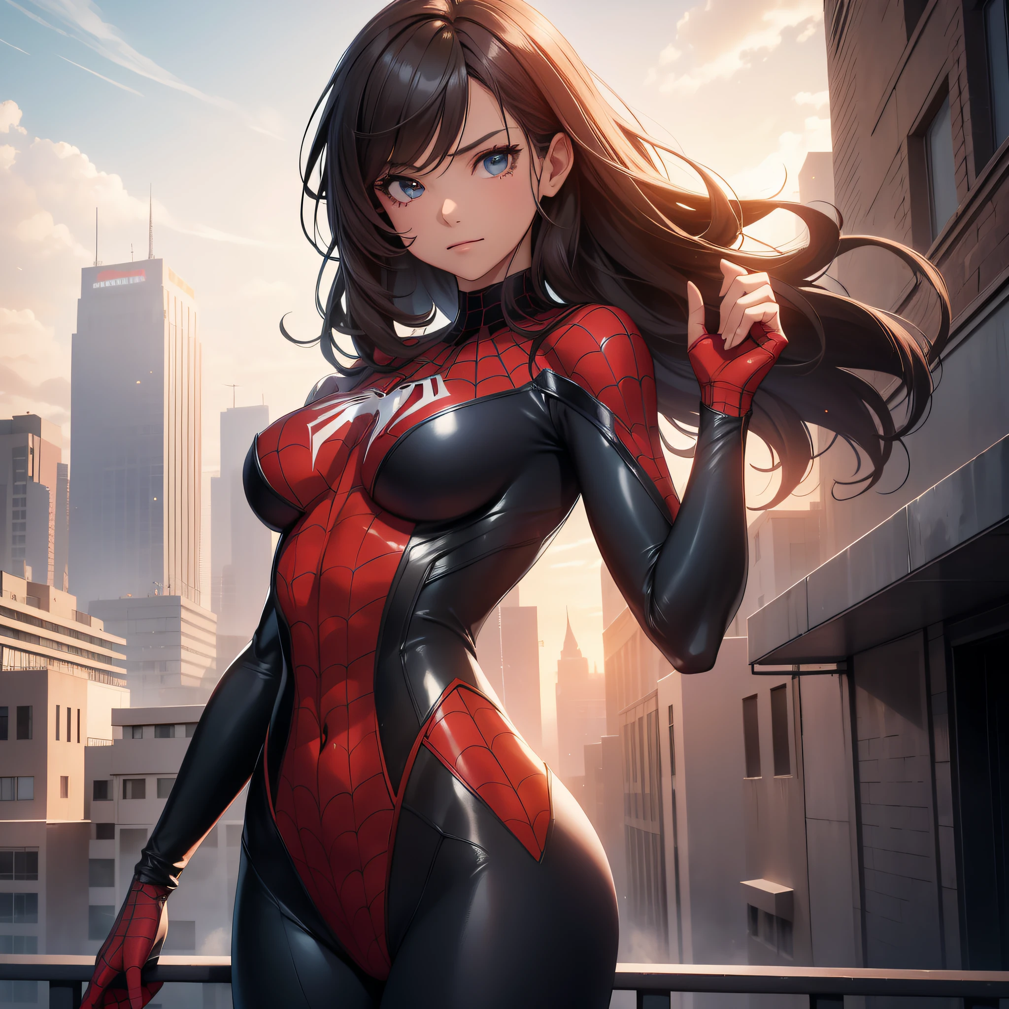 The female version of Spider-Man,The head is completely enclosed,without showing face,Sexy tights,standing on top of the building