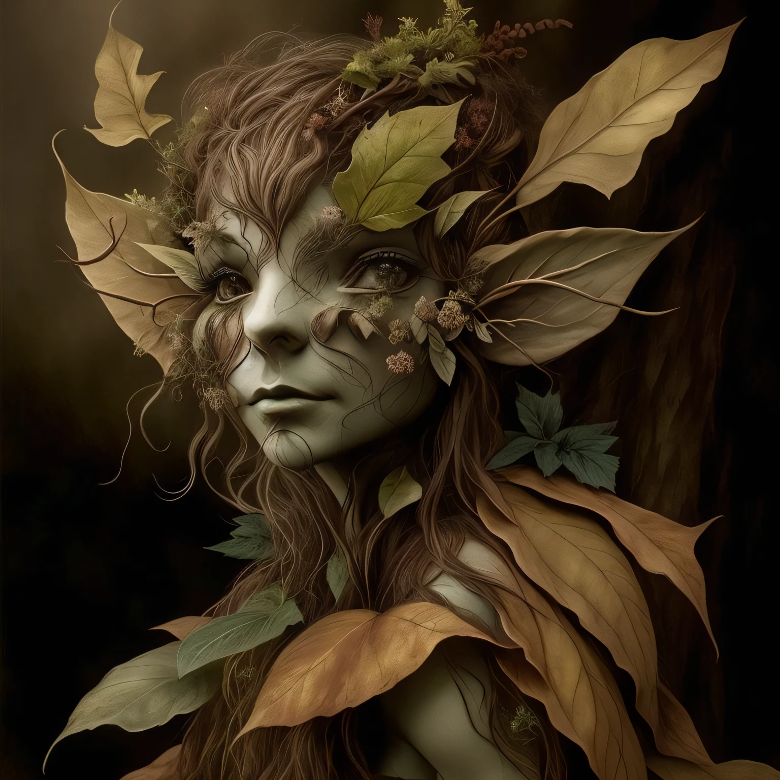 una pintura de un hombre verde con hojas en la cabeza, inspirado por Wendy Froud, por Wendy Froud, portrait of a dryad, inspirado por Brian y Wendy Froud, por Brian y Wendy Froud, Hermoso elfo de madera, Estilo Brian Froud, Fae del bosque, Spirit of the forest, inspirado en Brian Froud, Forest Dryad, Enchanted by the spirit of nature