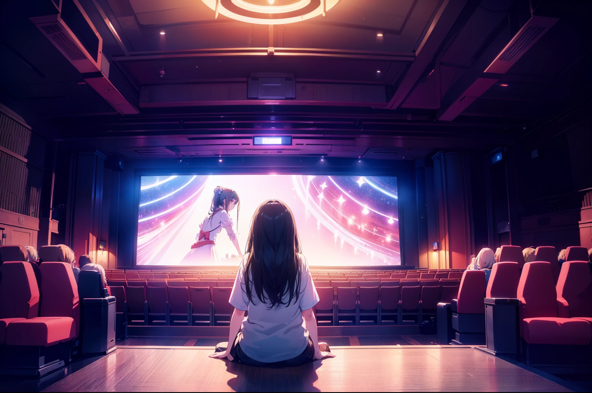 1 cute girl, sitting in movie theatre, movie screen,looking movie , (from behind), dark lighting, wide shot, lights turned off,  darkness , ((masterpiece)), ((best quality)), ((ultra-detailed)), (illustration), ((an extremely delicate and beautiful))