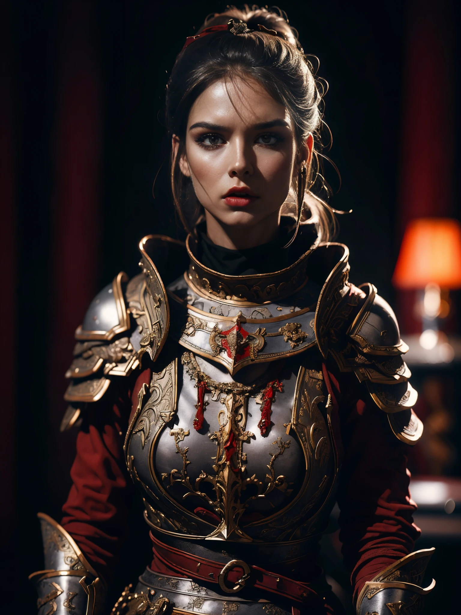 1girl, solo, female roman warrior with red helmet and cape, long black hair, angry, extremely beautiful girl, subtle makeup, silver hour, photorealistic, high contrast, 8k HD, detailed, hyper-detailed, realistic skin texture, blonde hair, huge chest, neckline, best quality, ultra high res, raw photo, dramatic lighting, unreal engine, intricate diffuse glow and silver tab, black cape, battlefield,  Standing